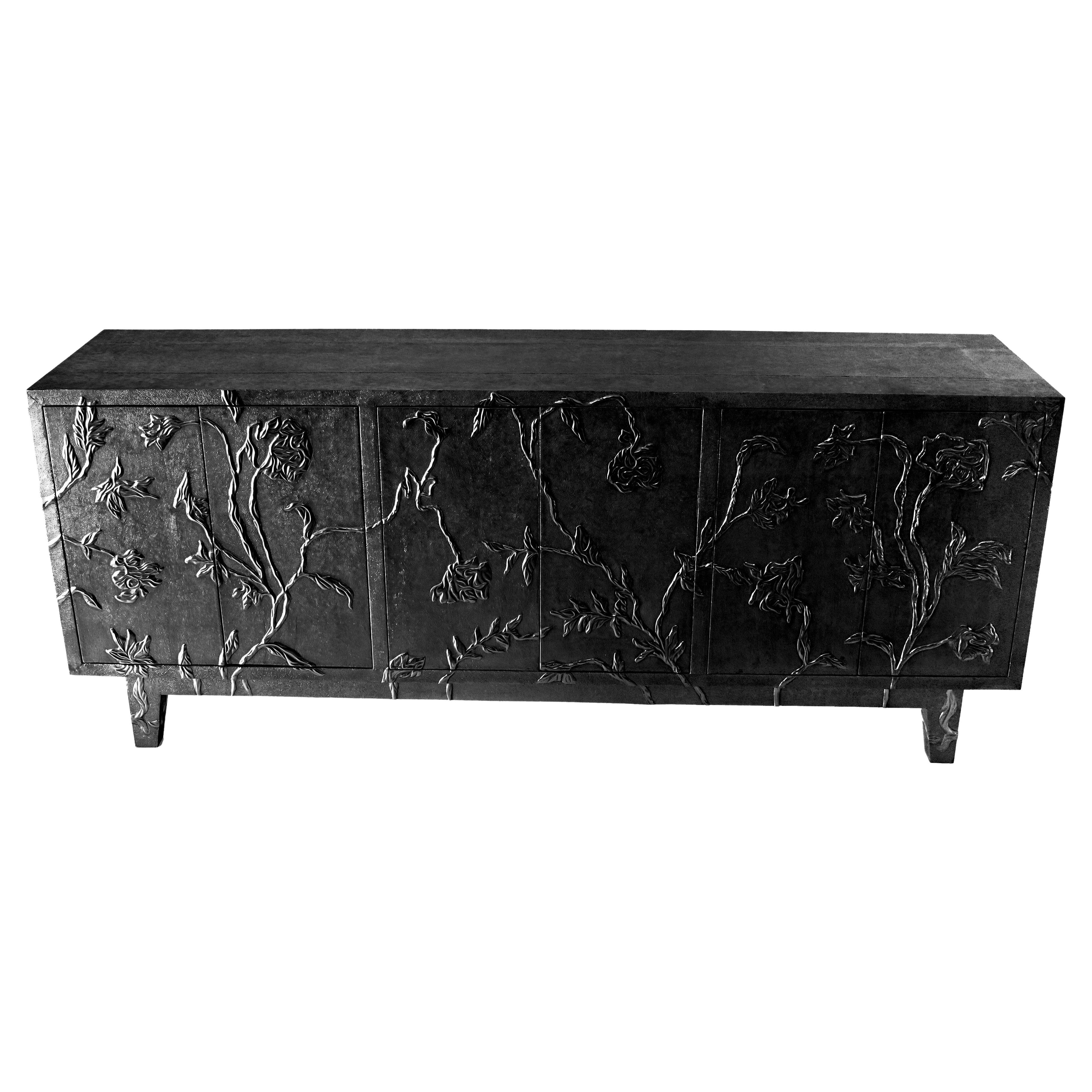 Handmade Fine Hmrd. Antq. Bronze Floral Buffet – Carved Metal Sideboard Cabinet