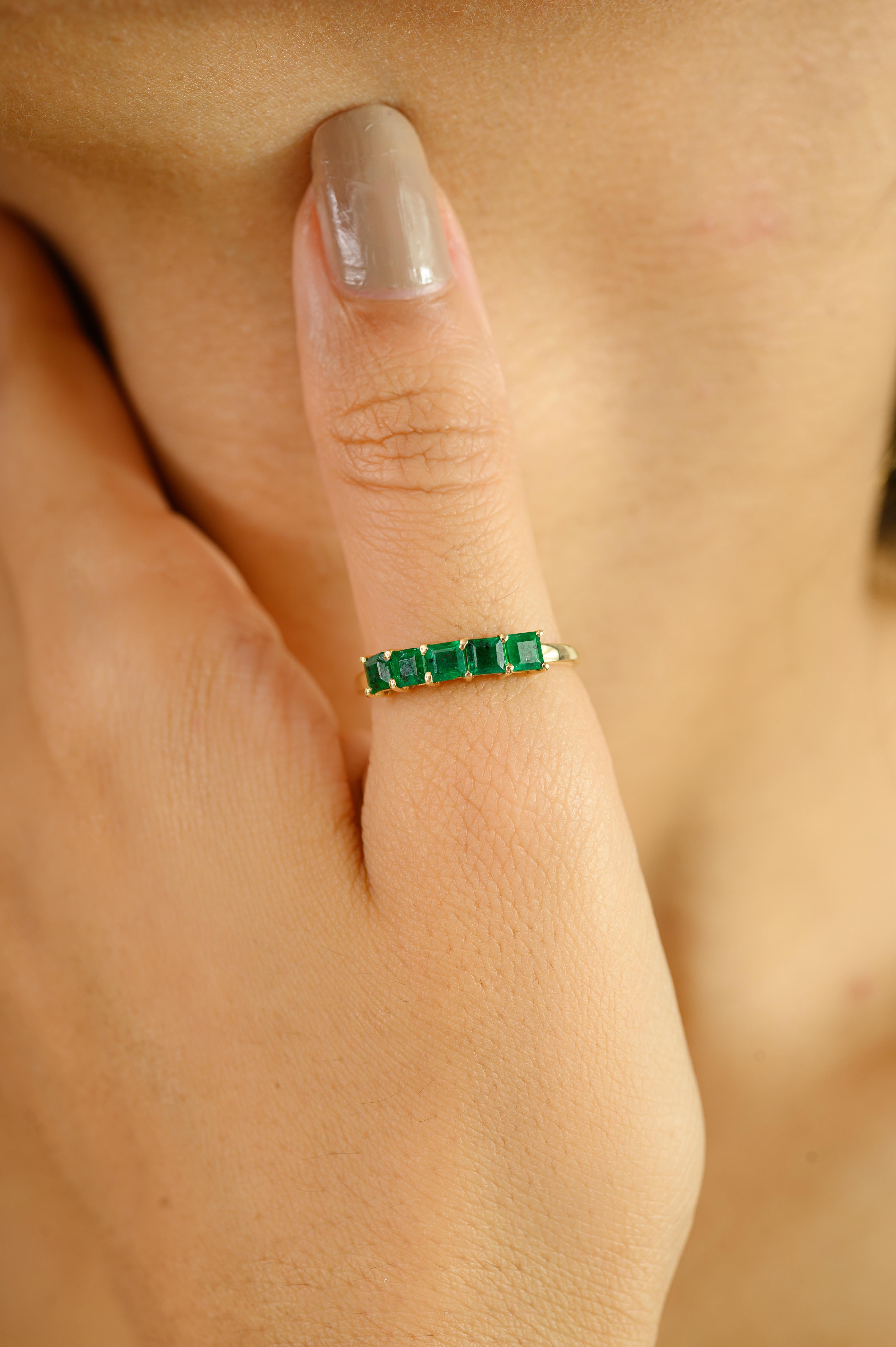 For Sale:  Handmade Five-Stone Zambian Emerald Band Ring Made in 14K Yellow Gold for Her 2