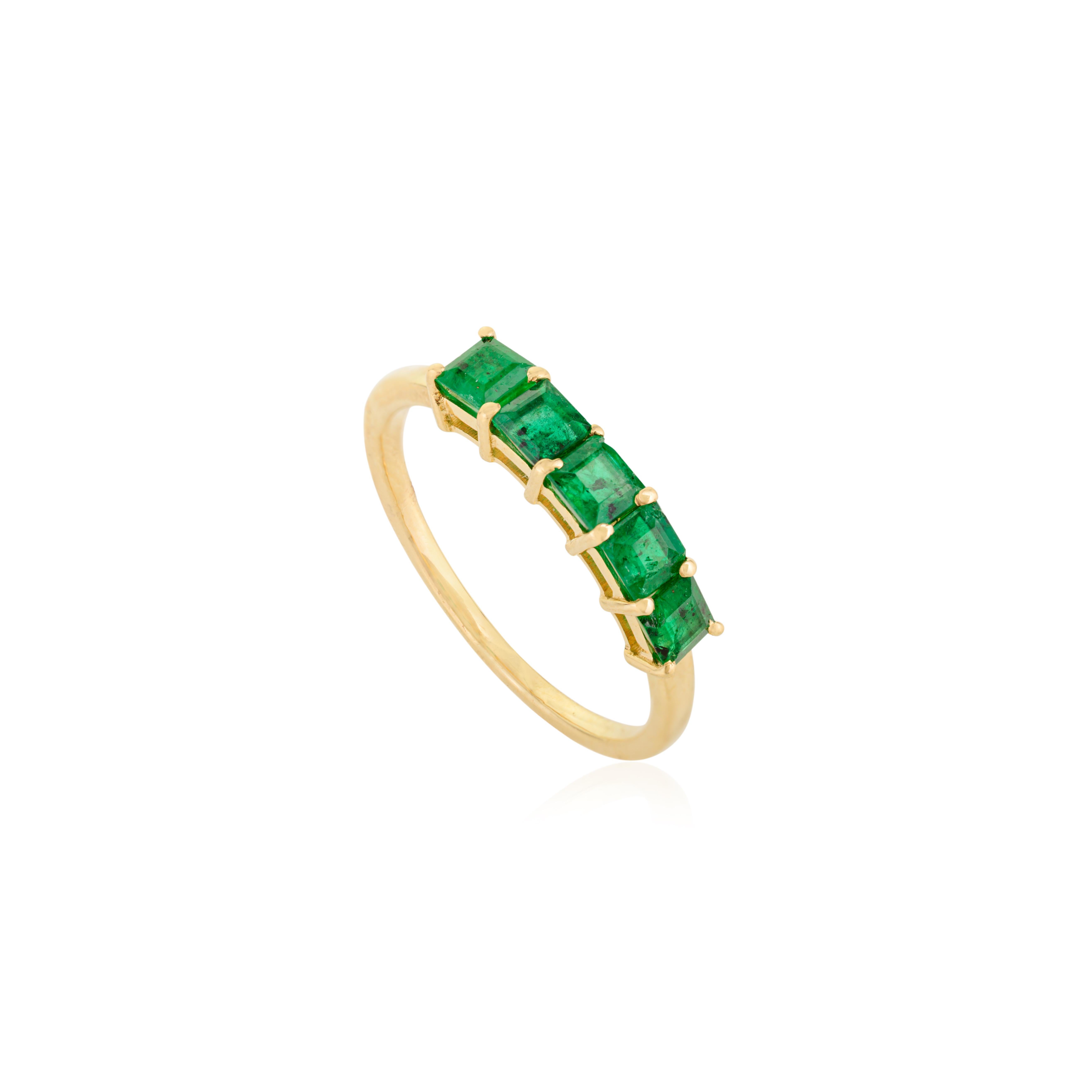 For Sale:  Handmade Five-Stone Zambian Emerald Band Ring Made in 14K Yellow Gold for Her 3