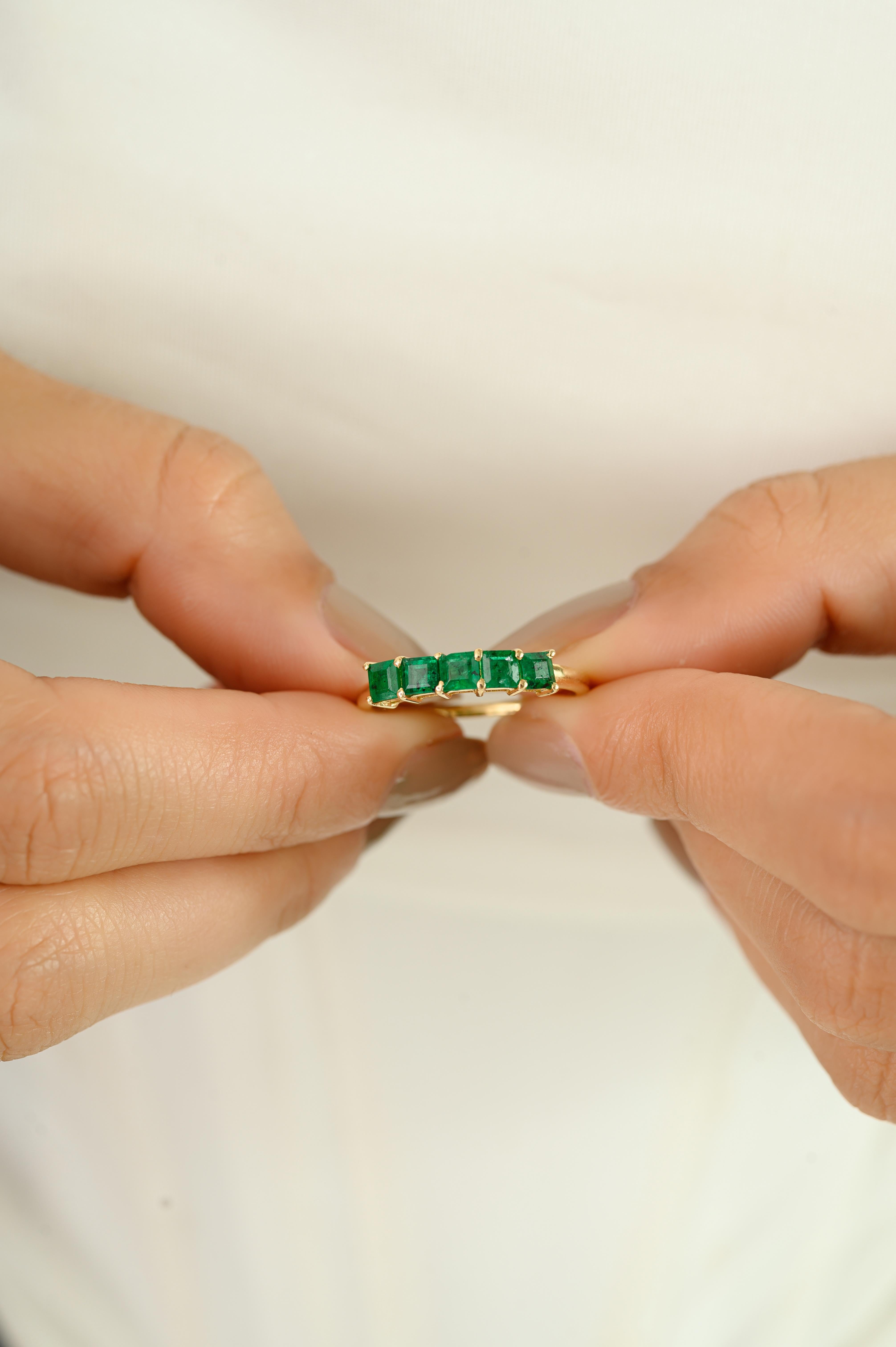 For Sale:  Handmade Five-Stone Zambian Emerald Band Ring Made in 14K Yellow Gold for Her 4