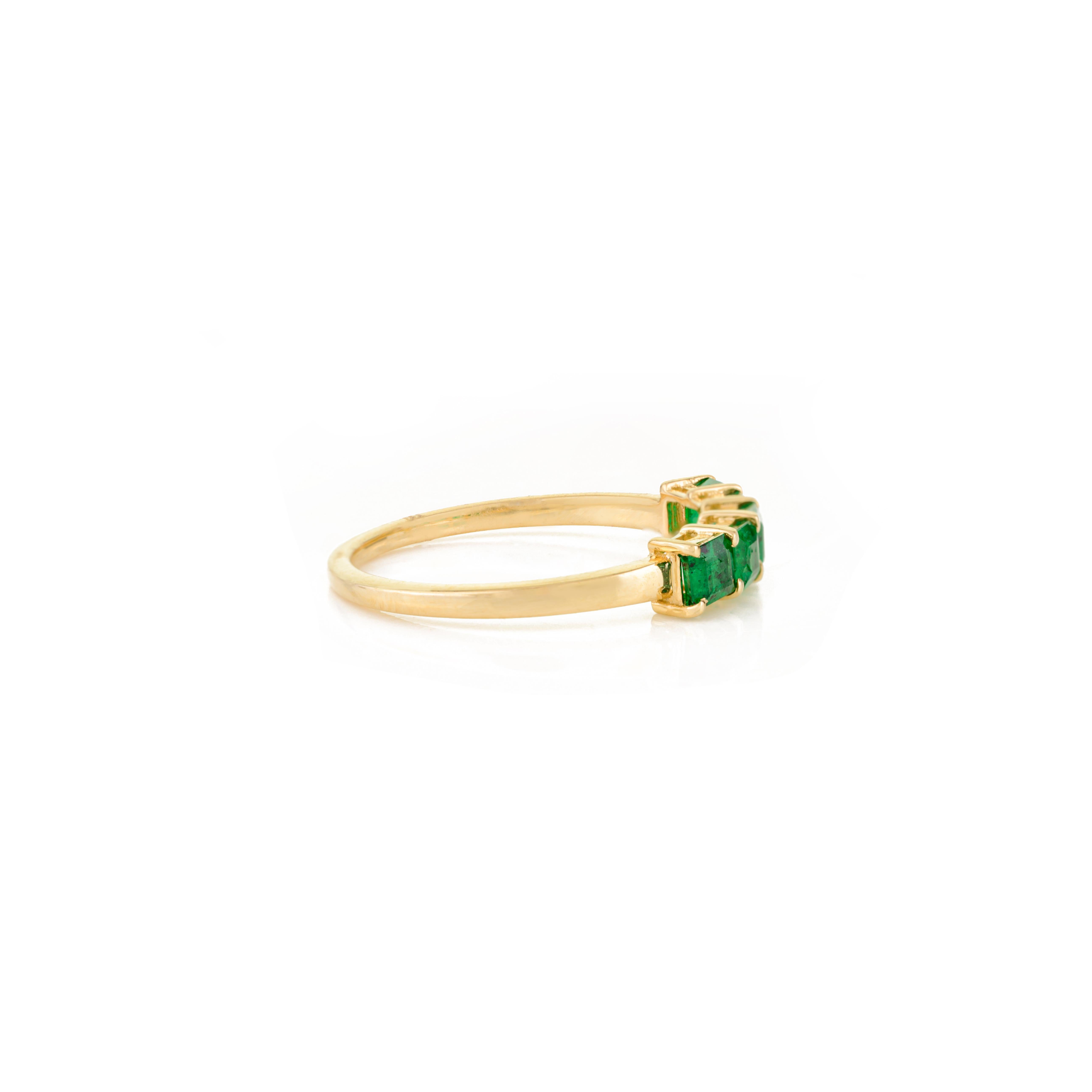 For Sale:  Handmade Five-Stone Zambian Emerald Band Ring Made in 14K Yellow Gold for Her 7