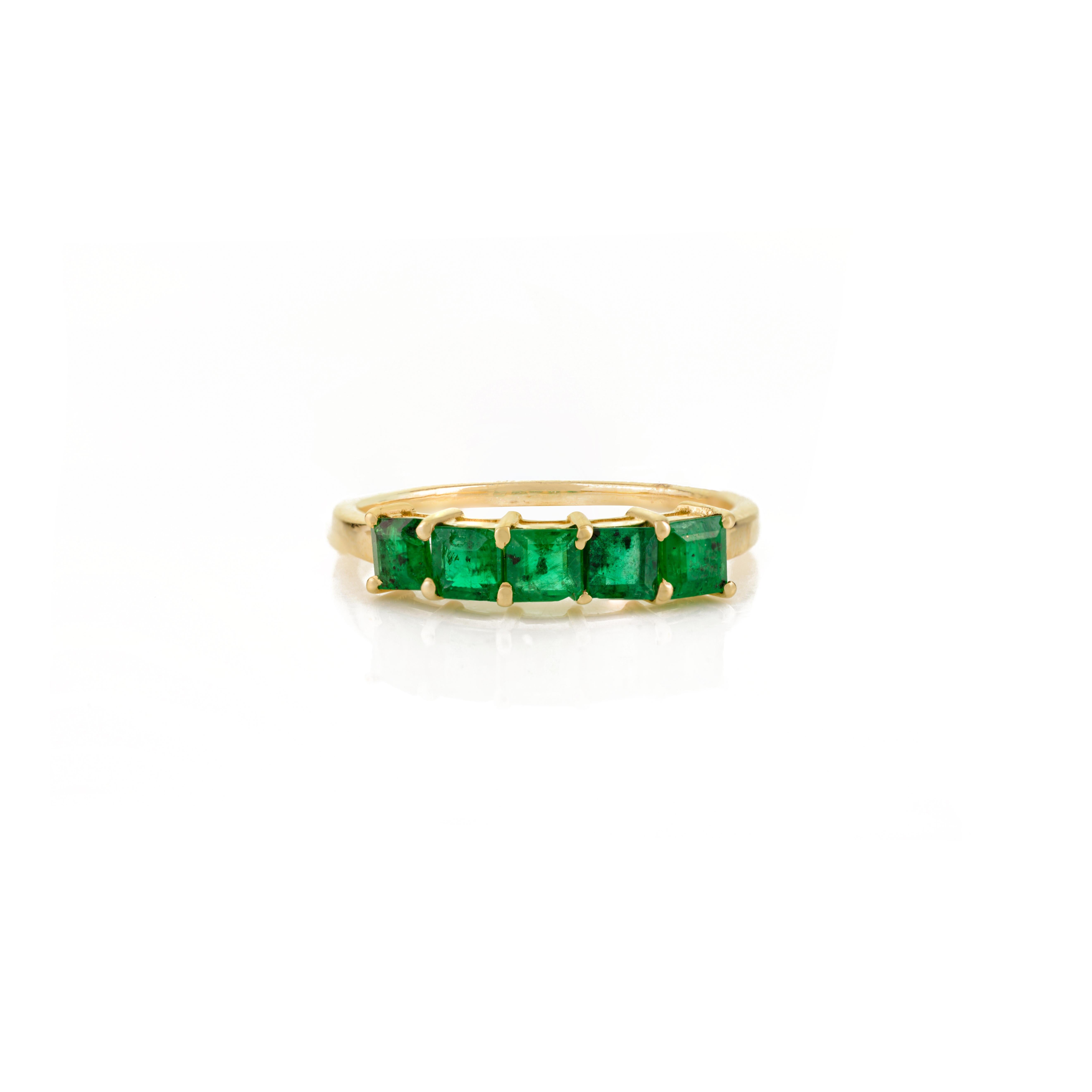 For Sale:  Handmade Five-Stone Zambian Emerald Band Ring Made in 14K Yellow Gold for Her 9