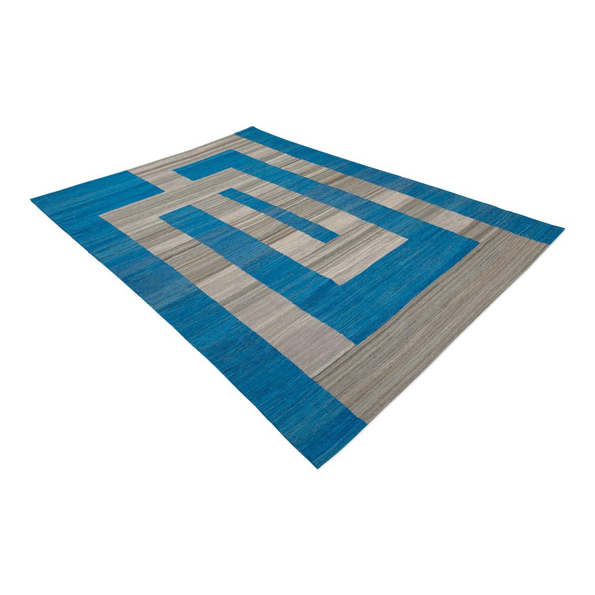 Pakistani Handmade Flat-Weave Kilim Blue and Gray Wool Geometrical Design. 2.90 x 2.05 m. For Sale