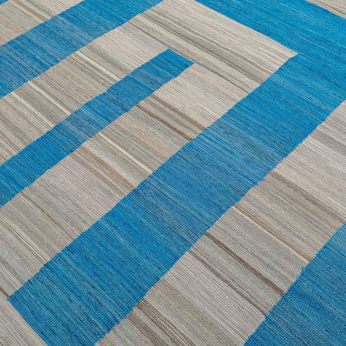 Contemporary Handmade Flat-Weave Kilim Blue and Gray Wool Geometrical Design. 2.90 x 2.05 m. For Sale