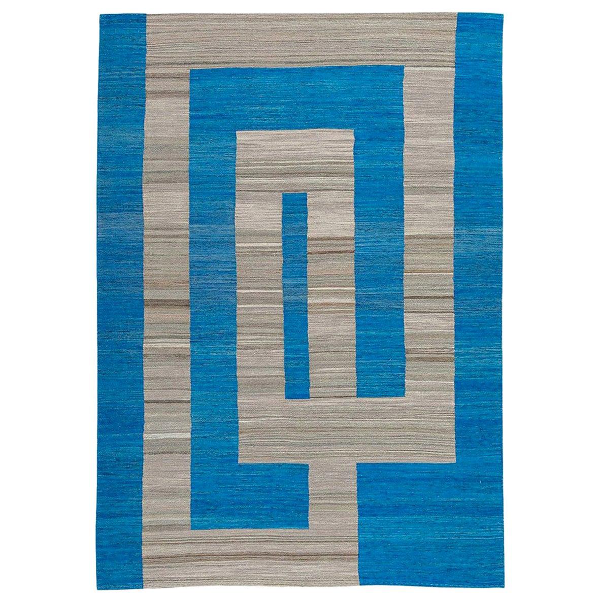 Handmade Flat-Weave Kilim Blue and Gray Wool Geometrical Design. 2.90 x 2.05 m. For Sale