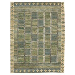 Handmade Flatweave Rug Earthy Sage & Sky Blue Swedish Style Geometric Design