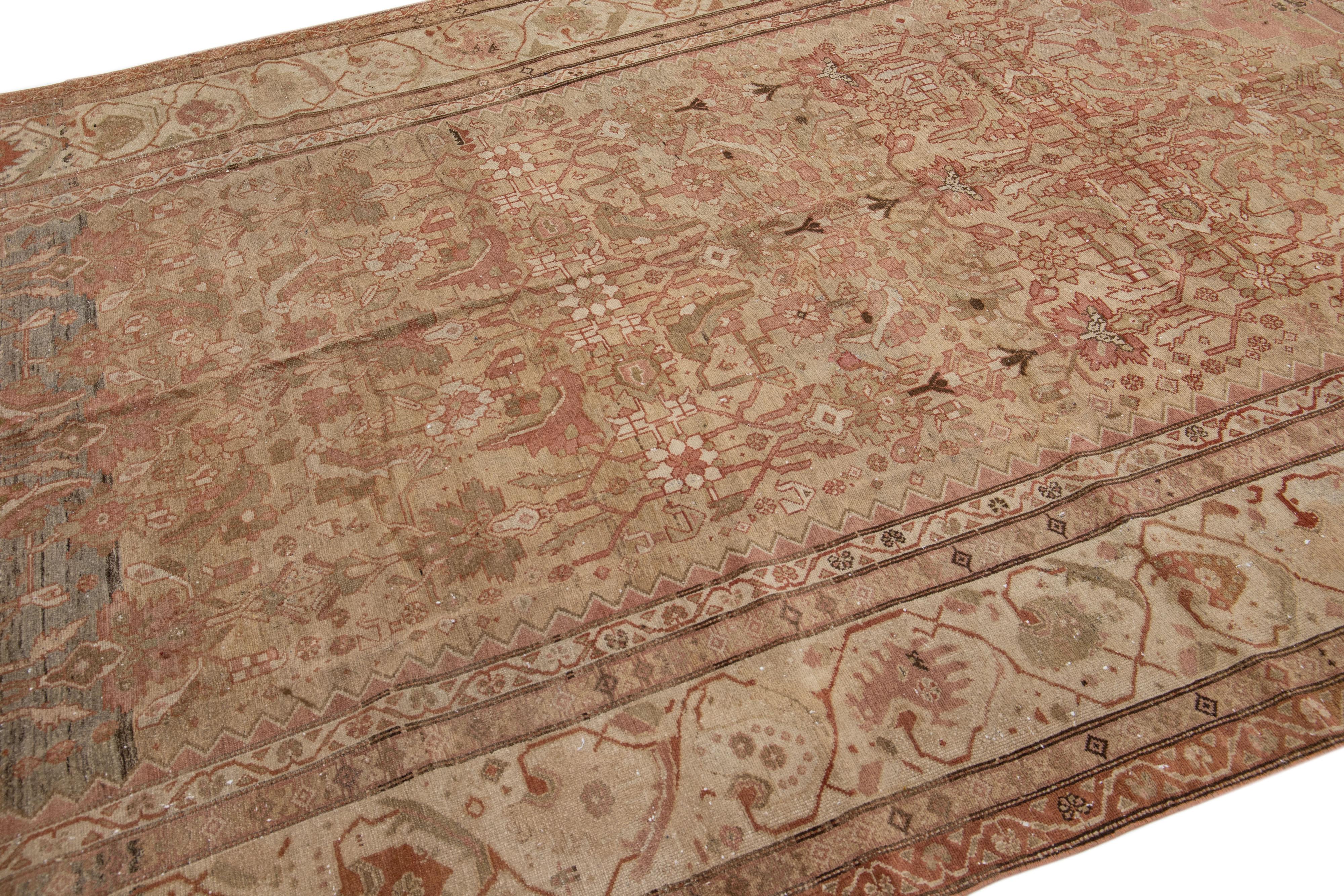 Handmade Floral Antique Persian Malayer Wool Rug in Tan In Good Condition For Sale In Norwalk, CT
