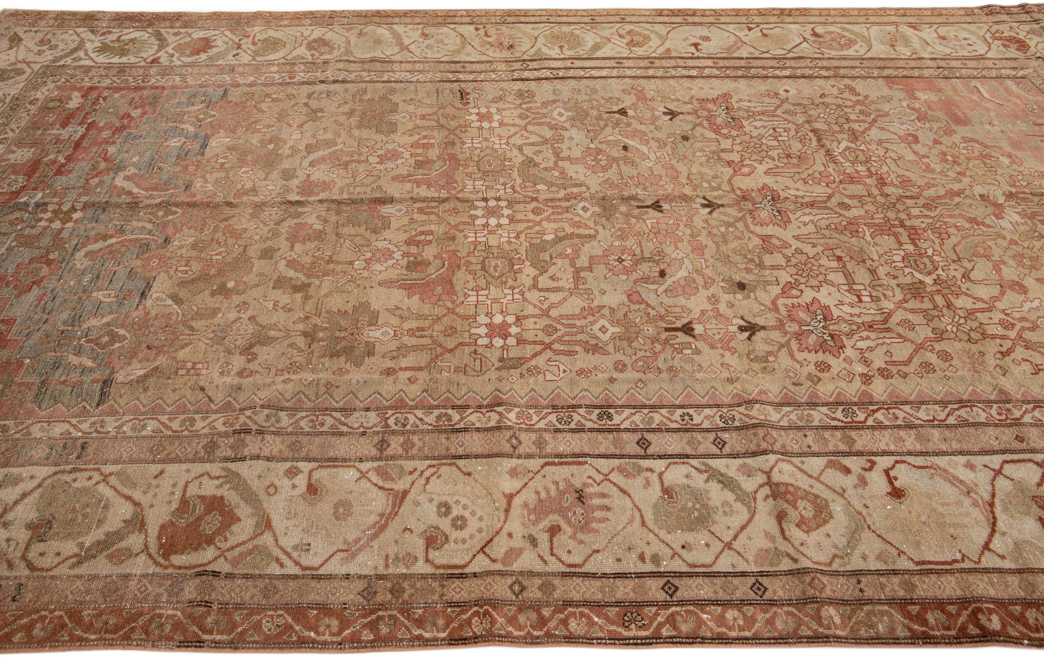 20th Century  Handmade Floral Antique Persian Malayer Wool Rug in Tan For Sale