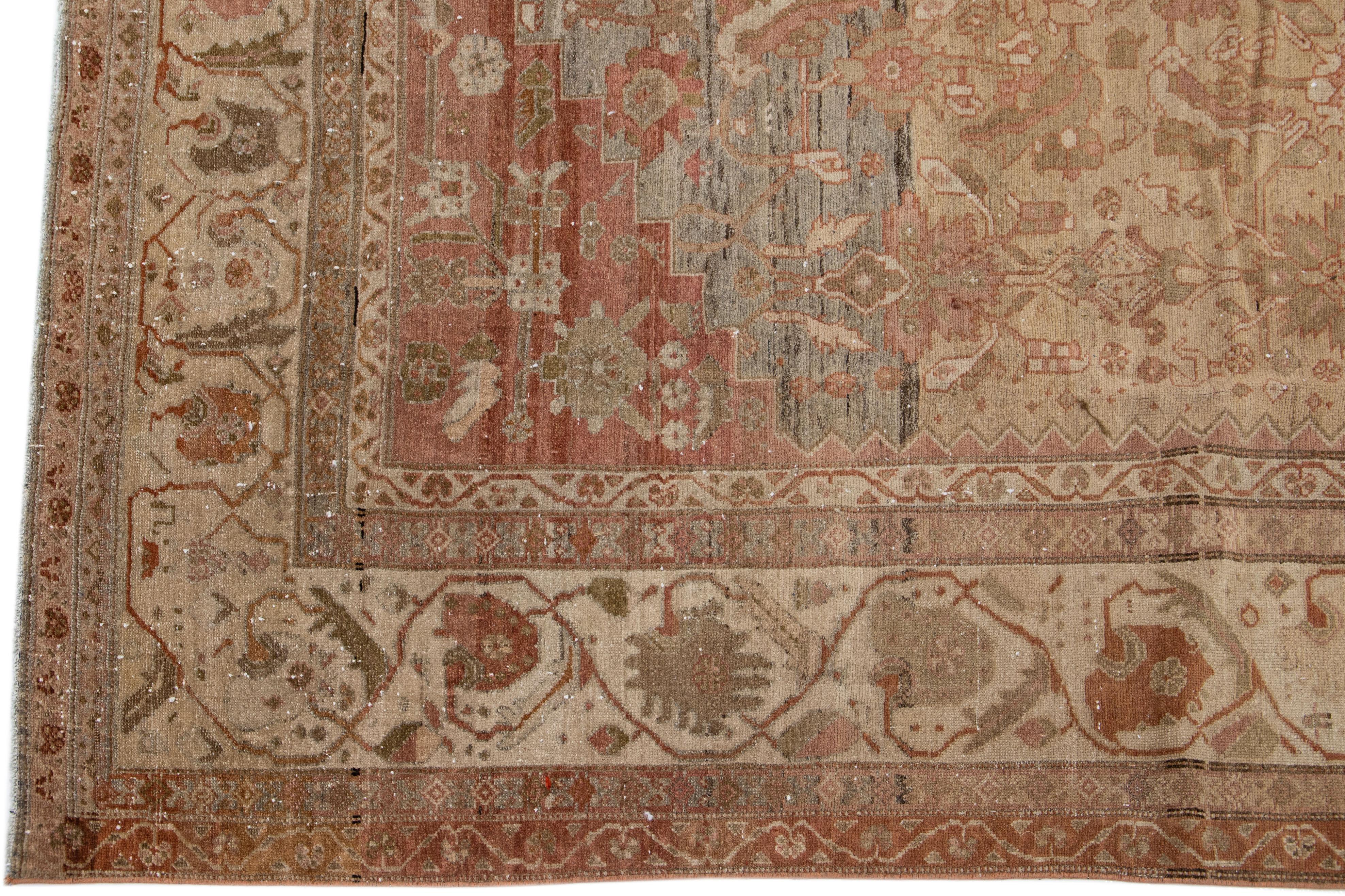 Handmade Floral Antique Persian Malayer Wool Rug in Tan For Sale 1