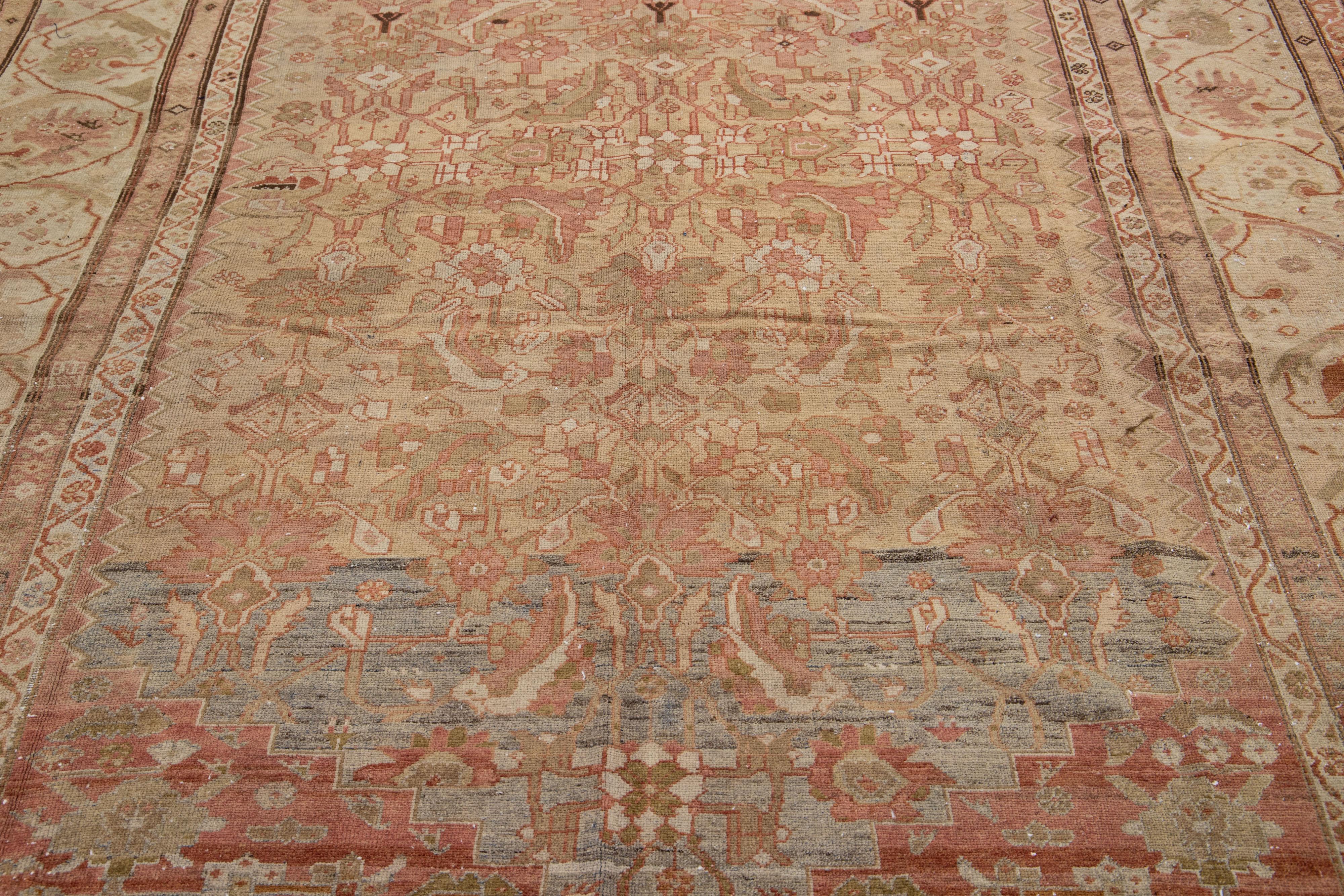  Handmade Floral Antique Persian Malayer Wool Rug in Tan For Sale 2