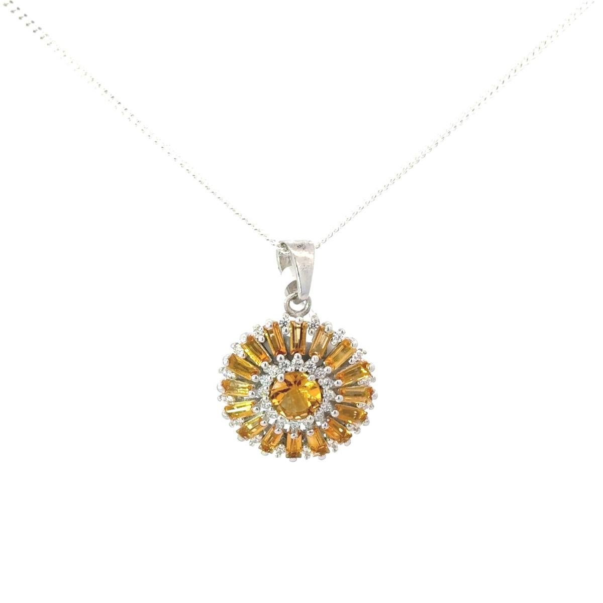 Handmade Floral Citrine Gemstone Sunflower Round Silver Pendant for Mother In New Condition For Sale In New York, NY