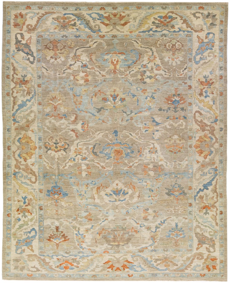 Handmade Floral Modern Sultanabad Wool Rug In Blue For Sale at 1stDibs