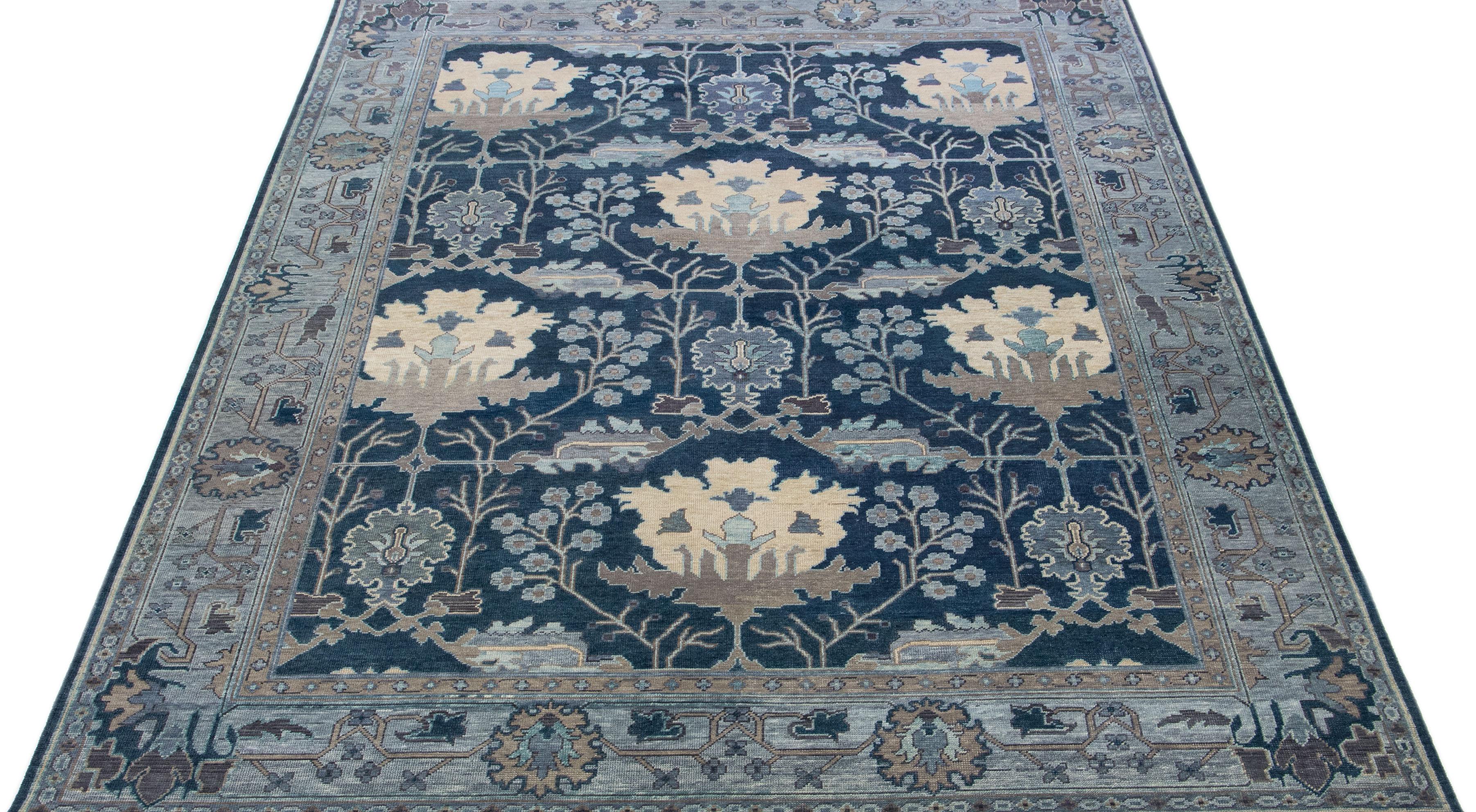 Indian Handmade Floral Modern Turkish Oushak Style Blue Wool Rug For Sale