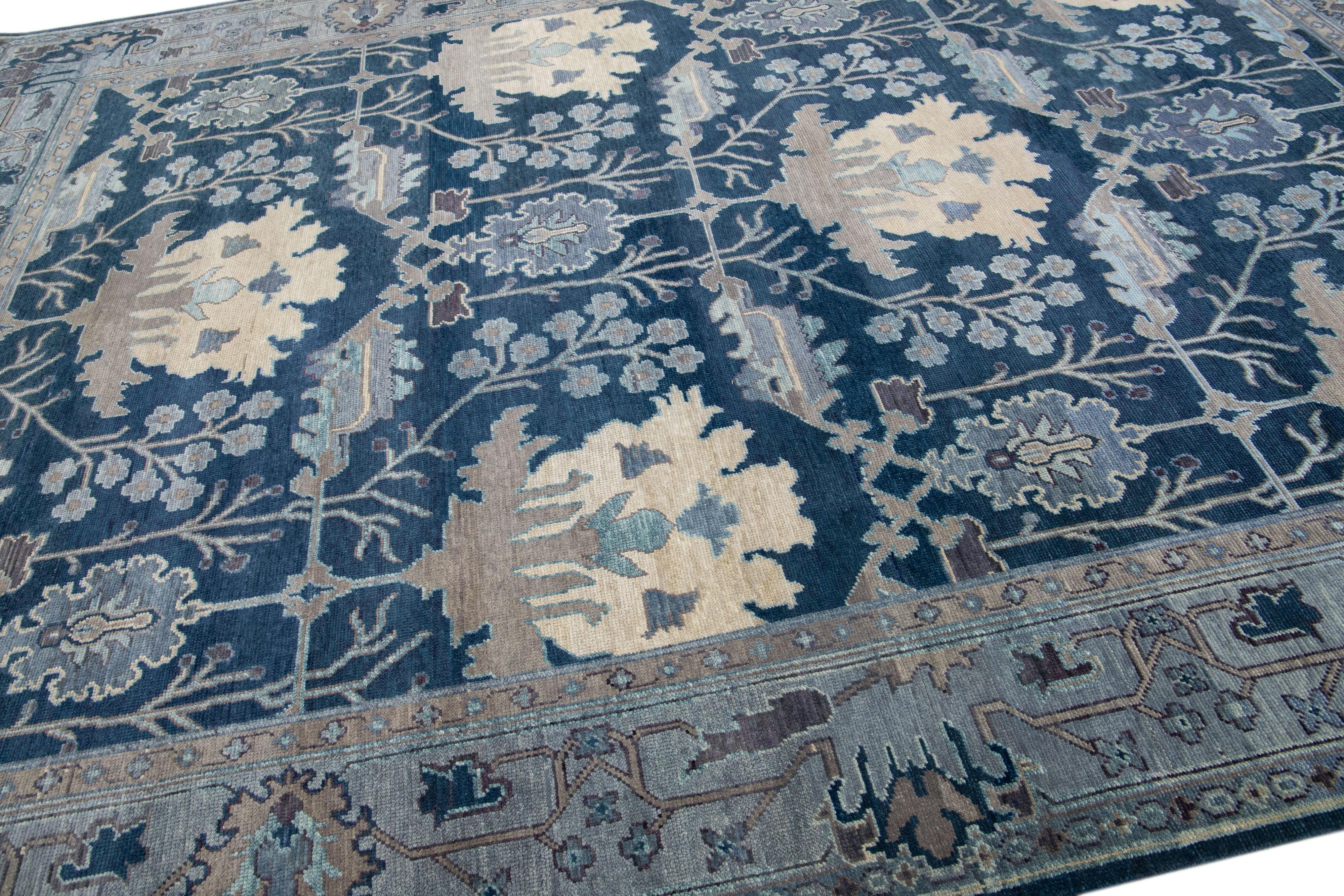 Hand-Knotted Handmade Floral Modern Turkish Oushak Style Blue Wool Rug For Sale