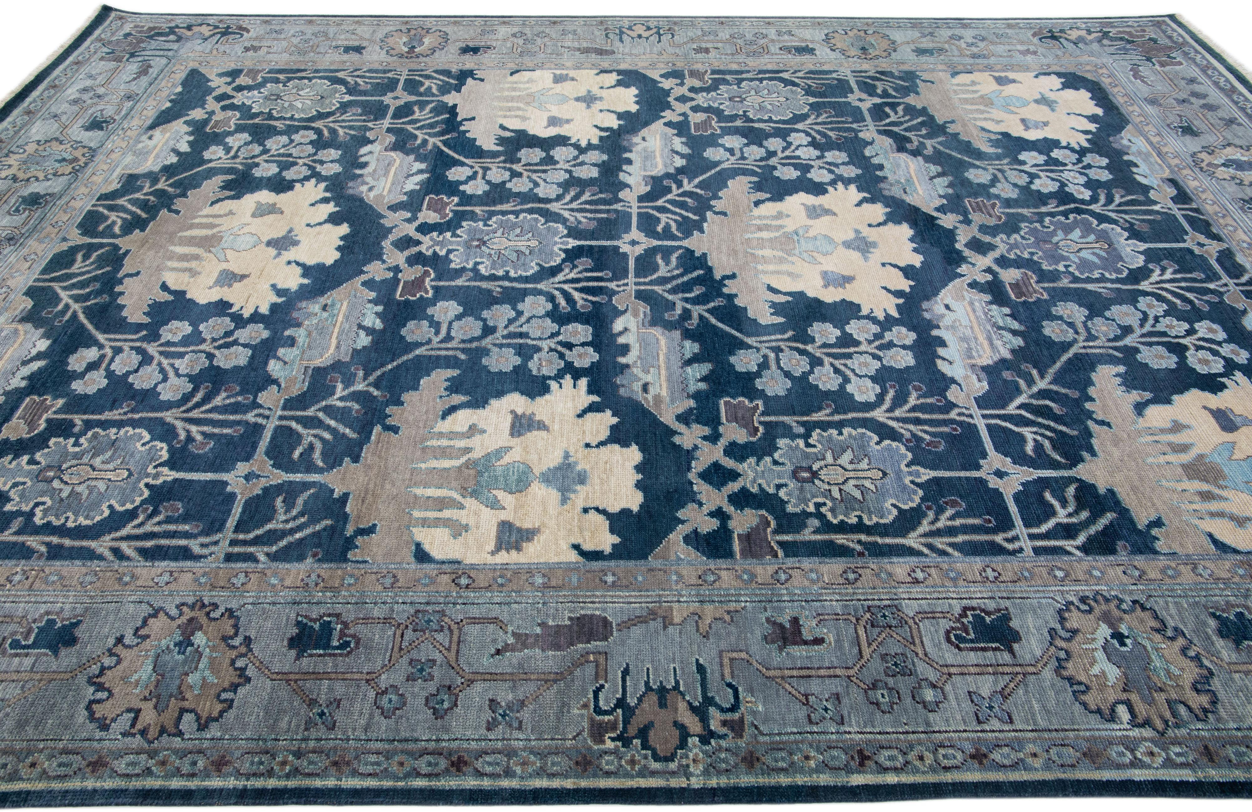 Handmade Floral Modern Turkish Oushak Style Blue Wool Rug In New Condition For Sale In Norwalk, CT