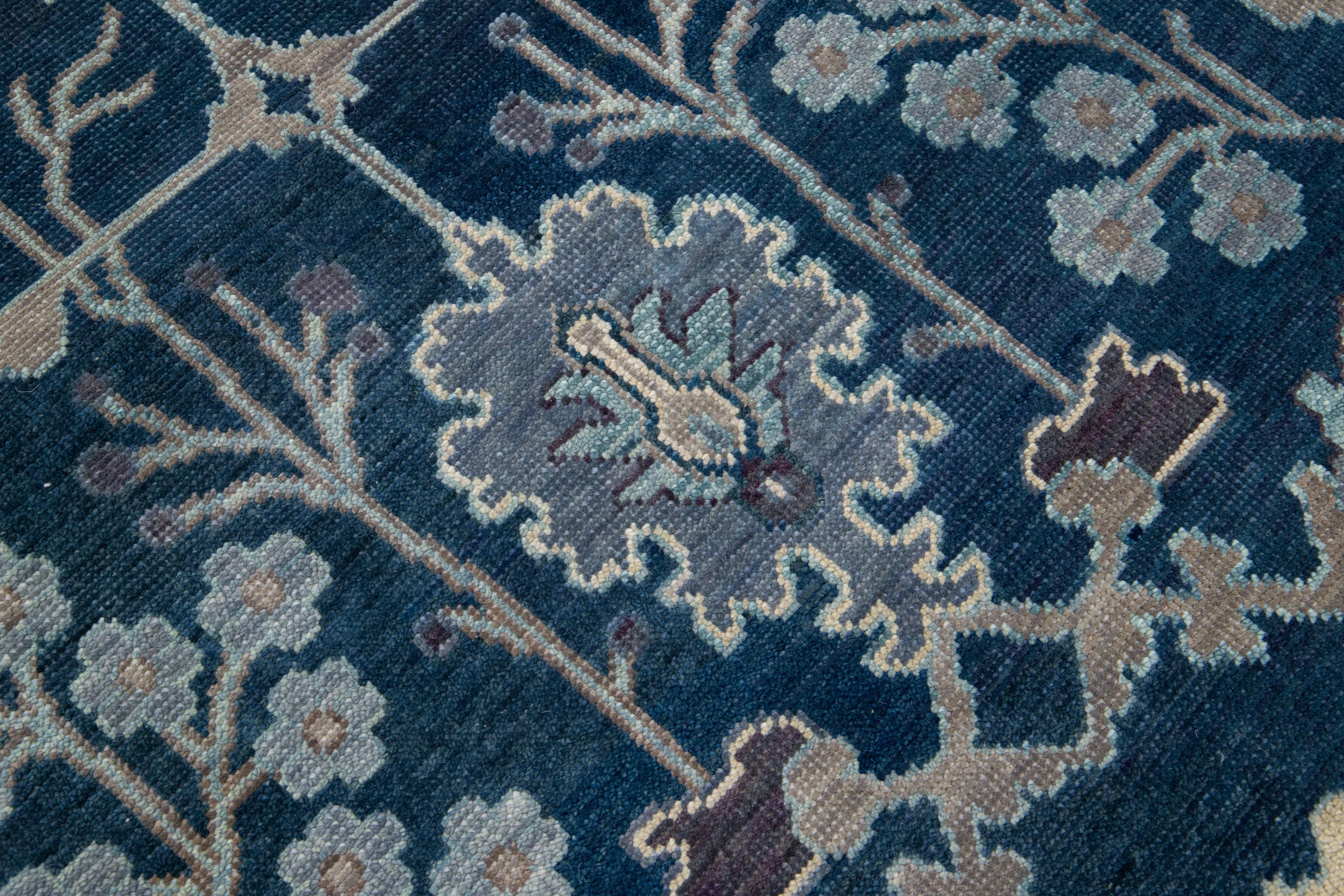Contemporary Handmade Floral Modern Turkish Oushak Style Blue Wool Rug For Sale