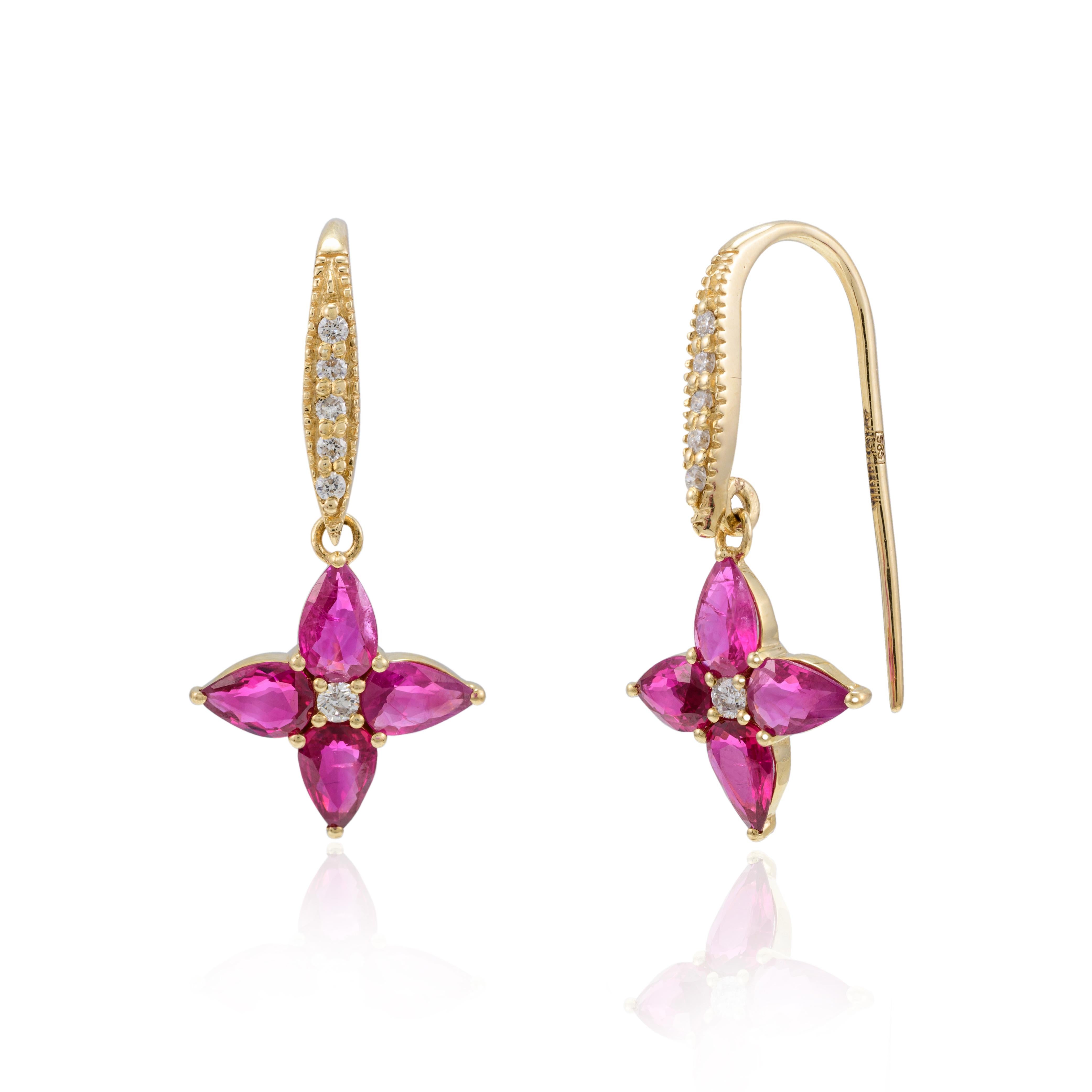 Contemporary Ruby Flower Drop Earrings 14k Solid Yellow Gold Gift for Her For Sale