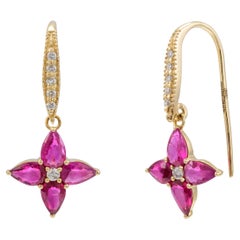 Ruby Flower Drop Earrings 14k Solid Yellow Gold Gift for Her