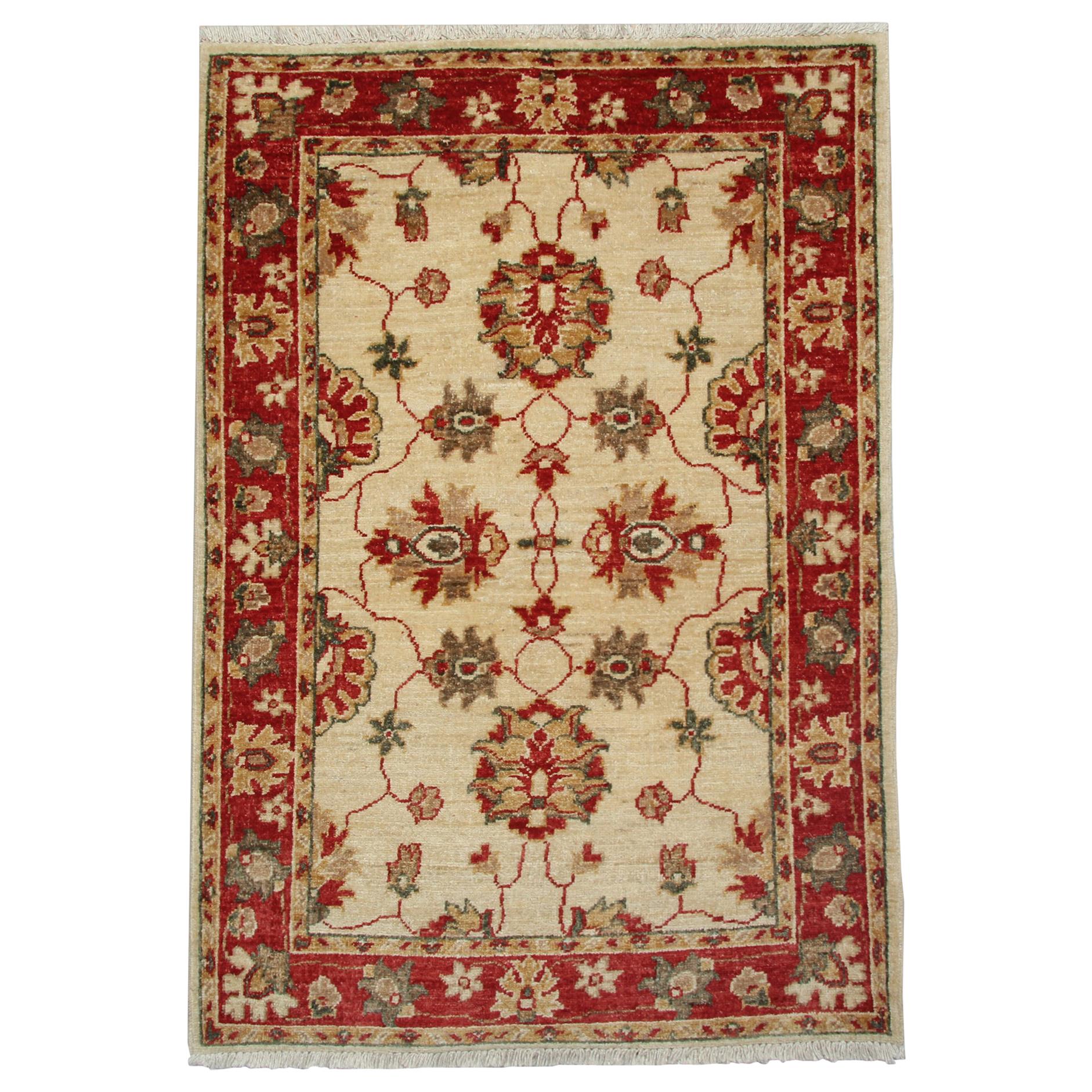 Handmade Floral Rug, Small Beige Carpet Oriental Wool Rugs for Sale For Sale