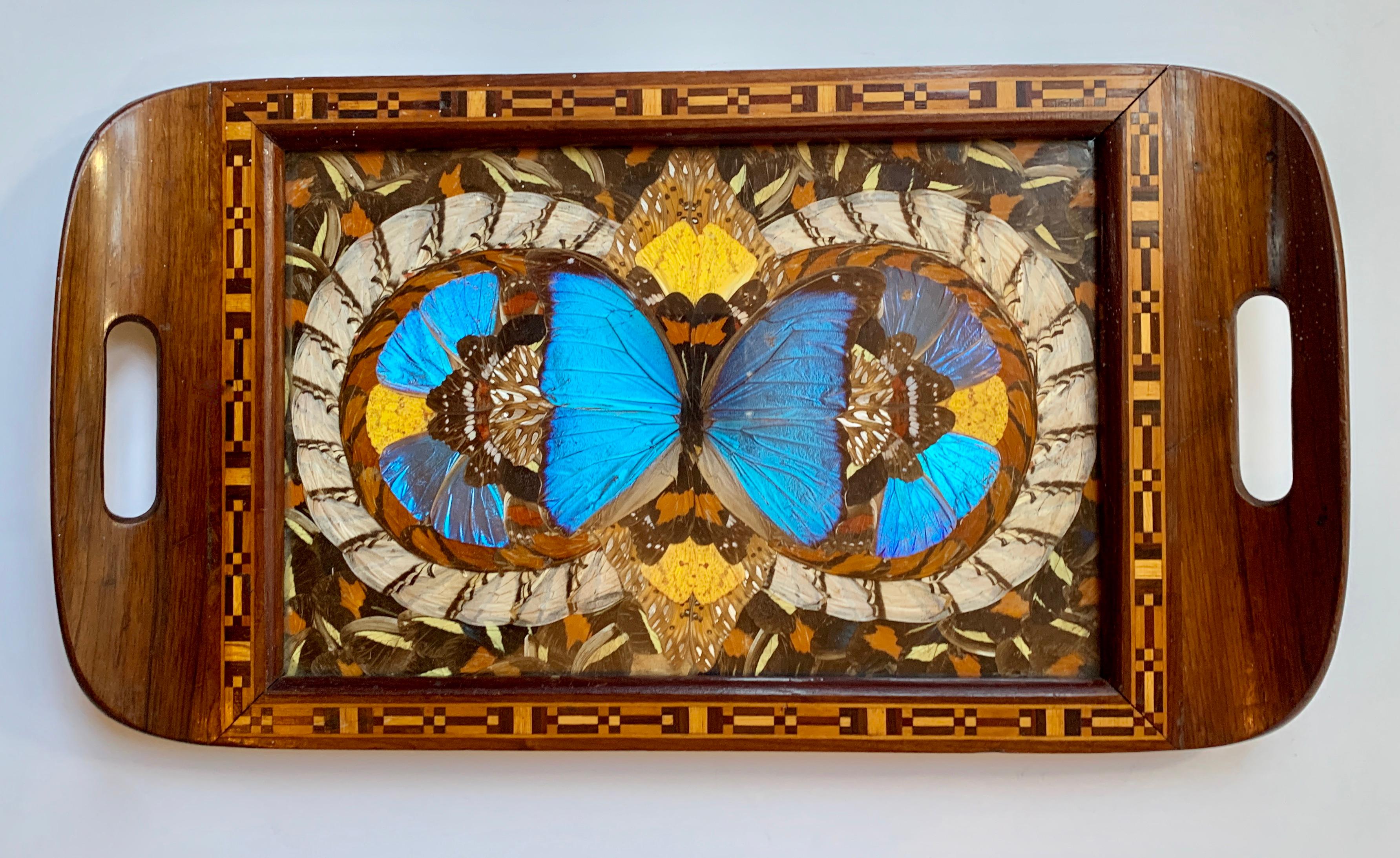 Marquetry Folk Art Butterfly Collage Tray with Inlay Wooden Details For Sale