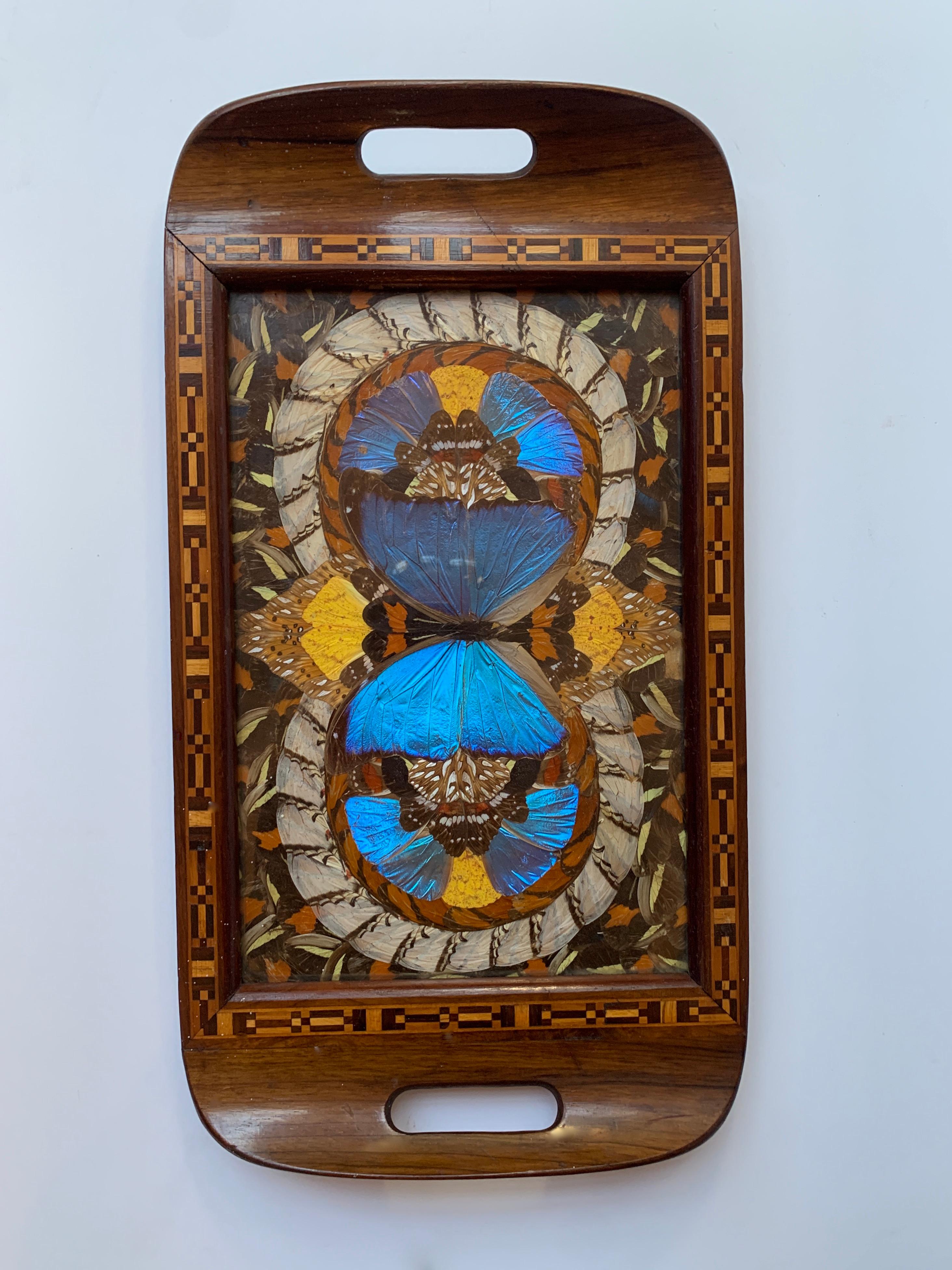 Folk Art Butterfly Collage Tray with Inlay Wooden Details For Sale 1
