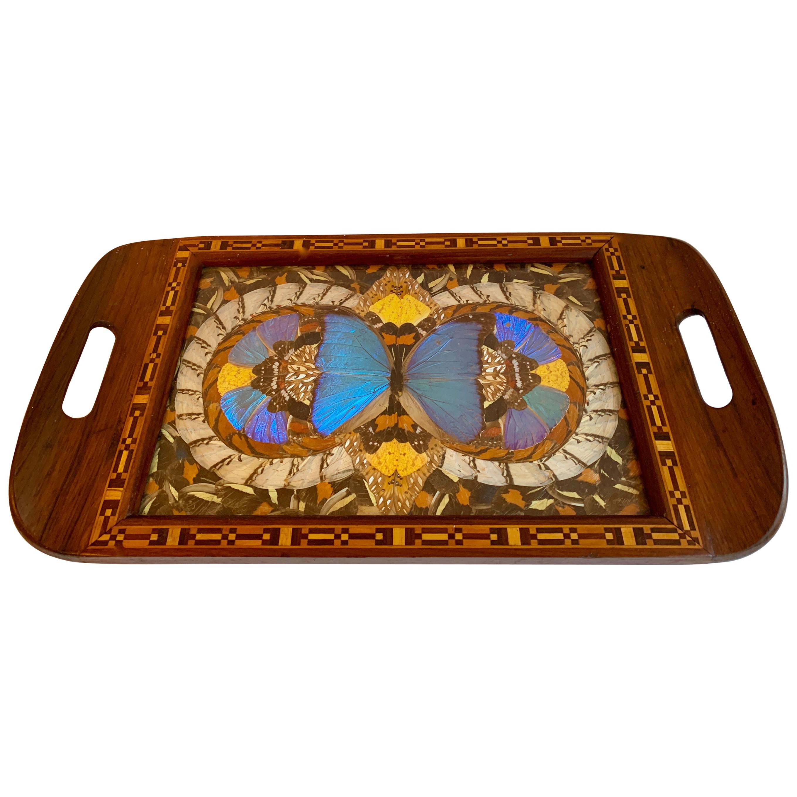 Handmade Folk Art Tray with Butterfly Collage and Inlay Wooden Details