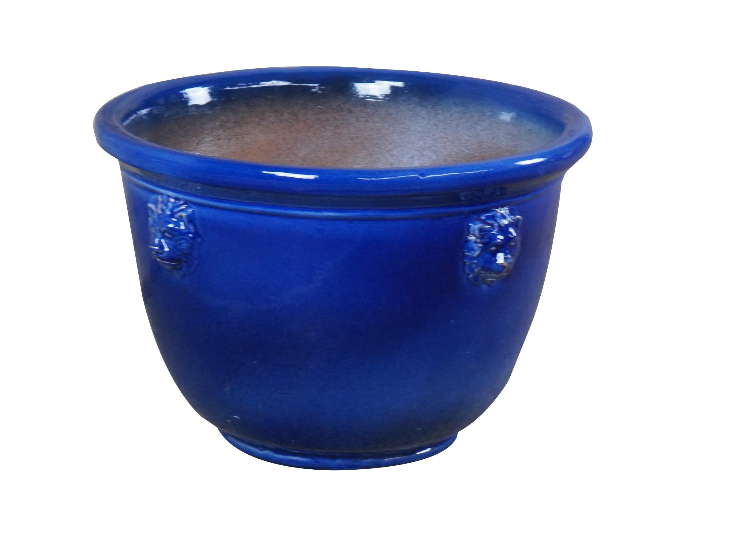 Handmade ceramic blue pot by Barrielle Aubagne.  Glazed in blue with lion heads.  Aubagne is a commune in southern French 

Dimensions:
17.5