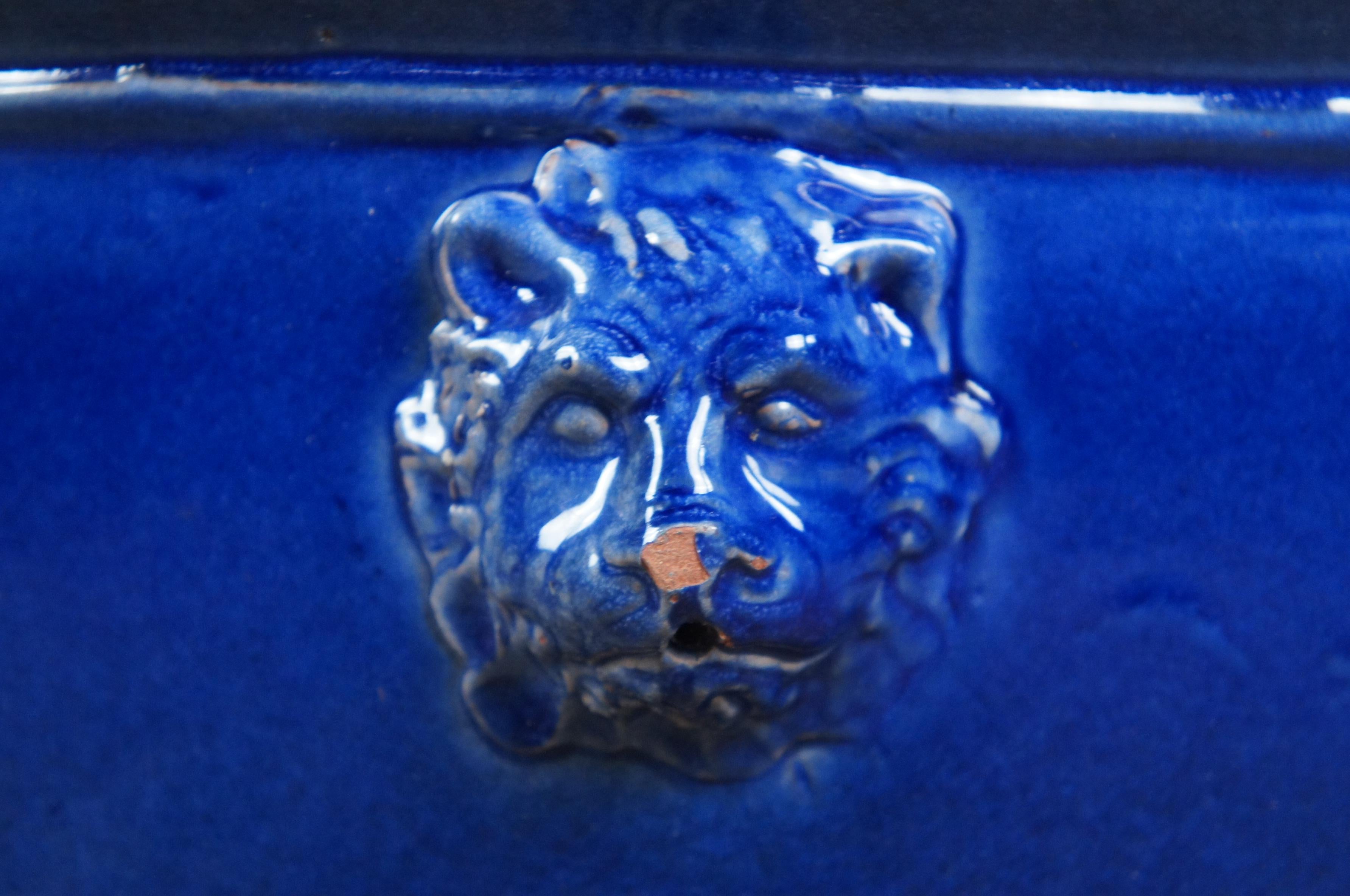 20th Century Handmade French Barrielle Aubagne Modern Blue Ceramic Jardinière Planter Lions For Sale