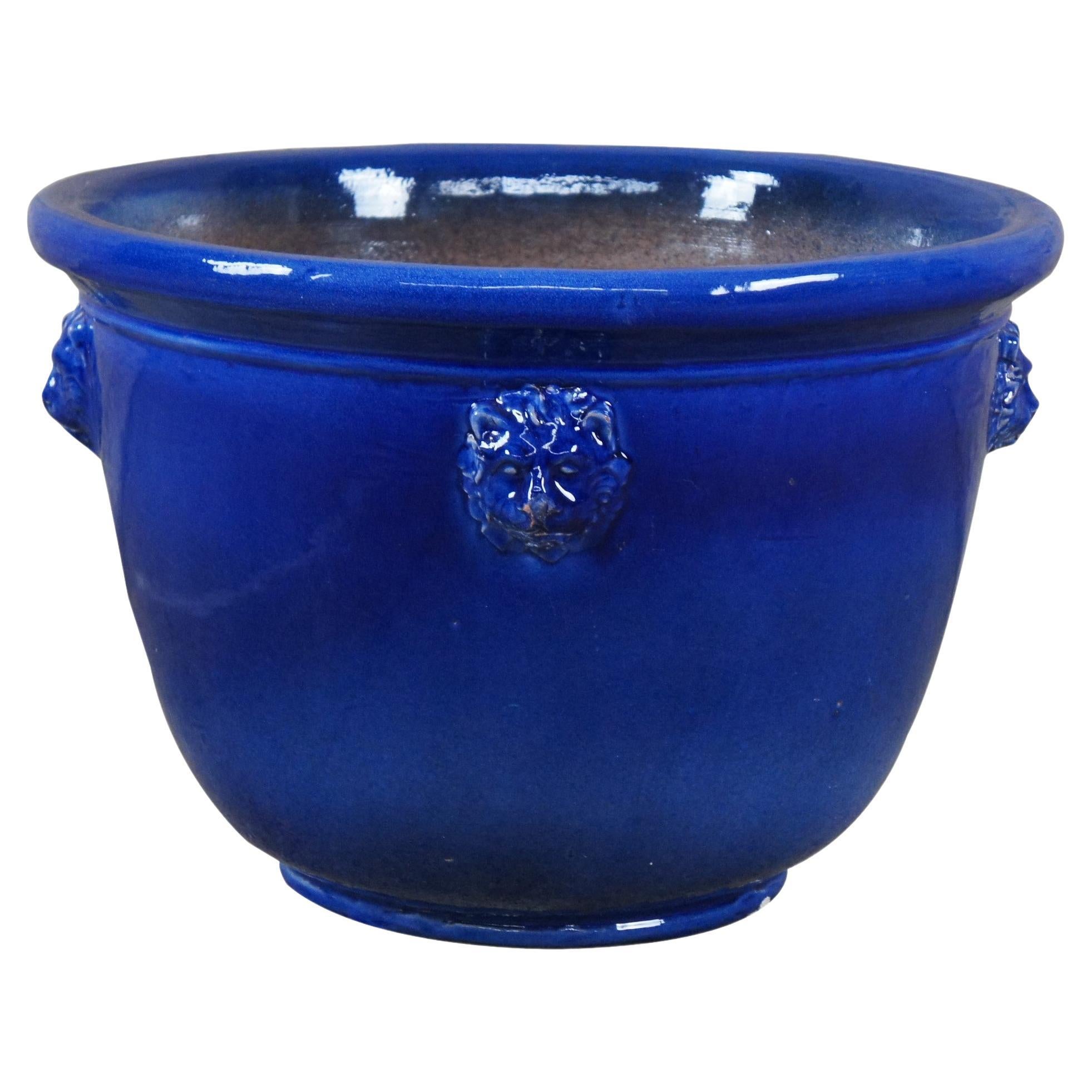 Handmade French Barrielle Aubagne Modern Blue Ceramic Jardinière Planter Lions For Sale