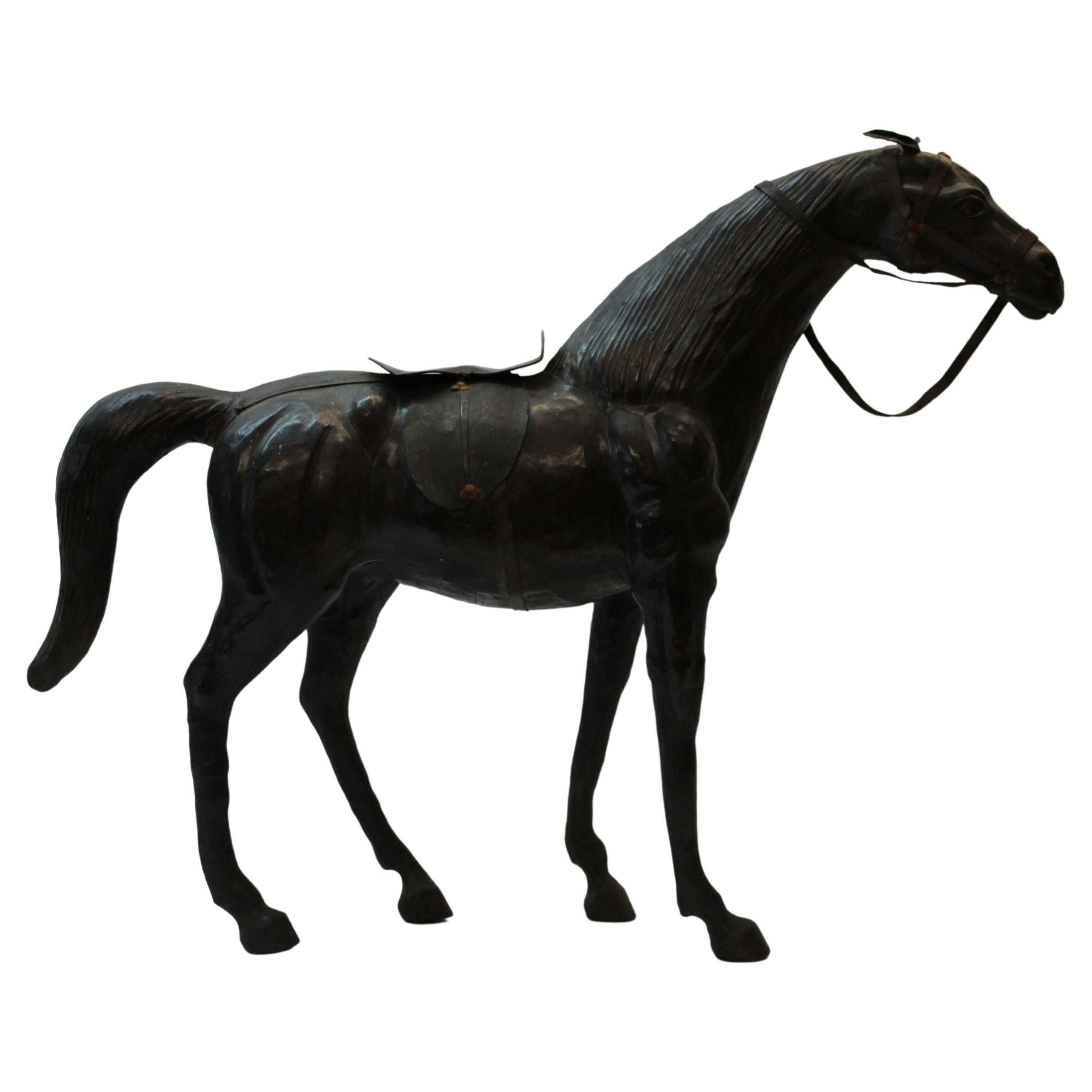 Handmade French Leather Horse and Saddle with Glass Eyes For Sale