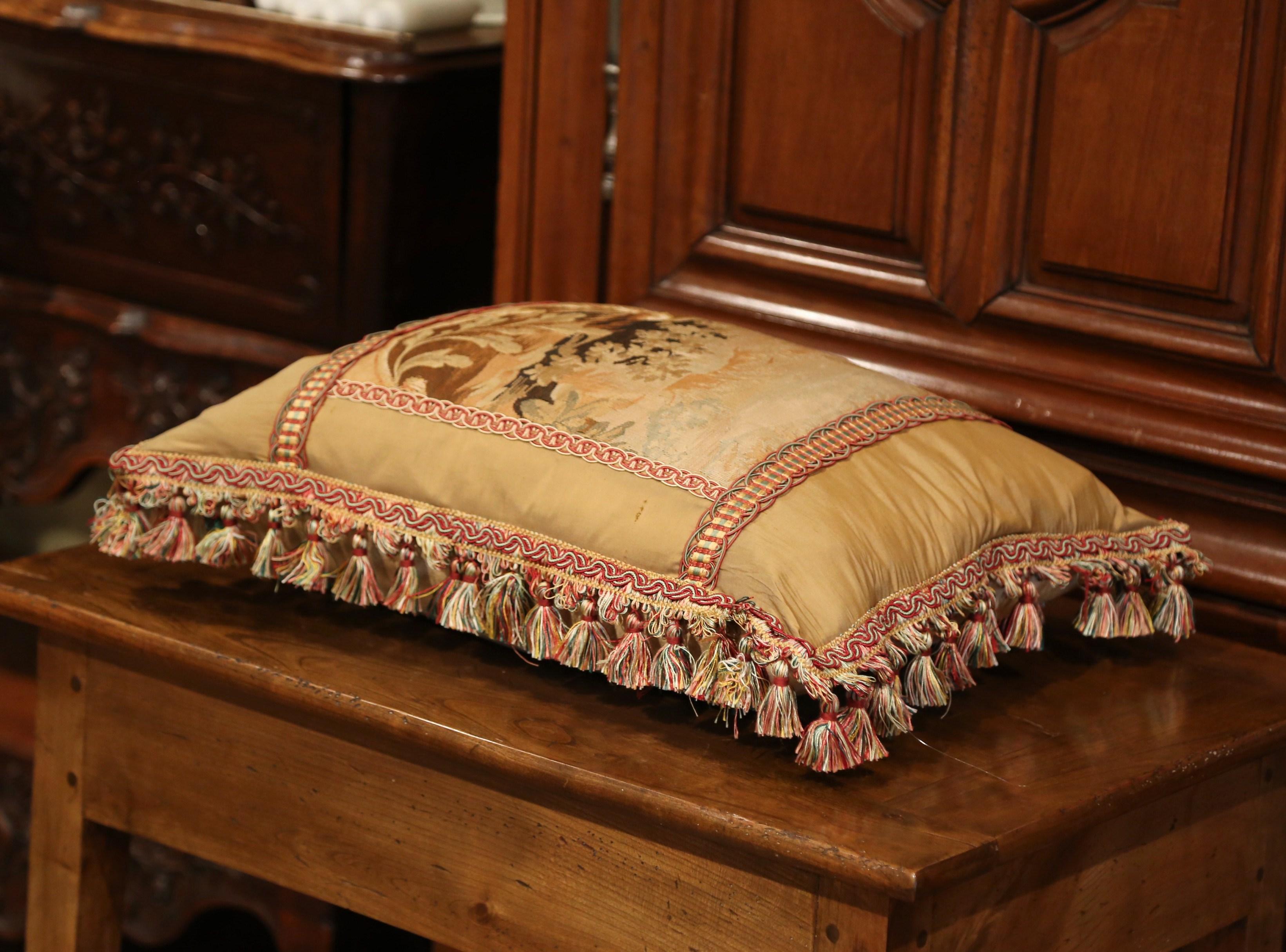 Handmade French Pillow with 19th Century Aubusson Verdure Tapestry Fragment In Excellent Condition In Dallas, TX