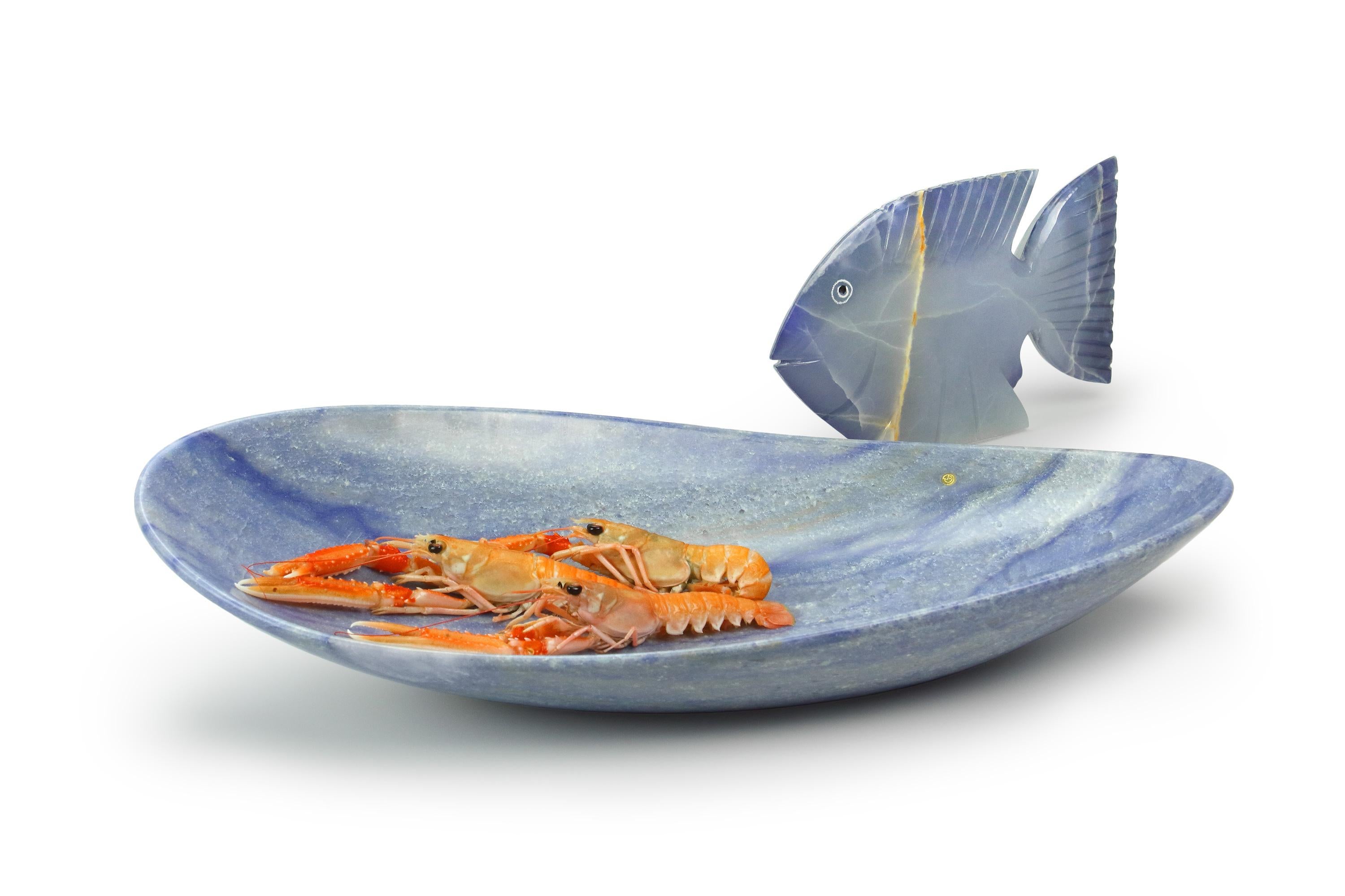 Quartz Decorative Bowl Centerpiece Vessel Blue Azul Macaubas Marble Hand-Carved Italy For Sale