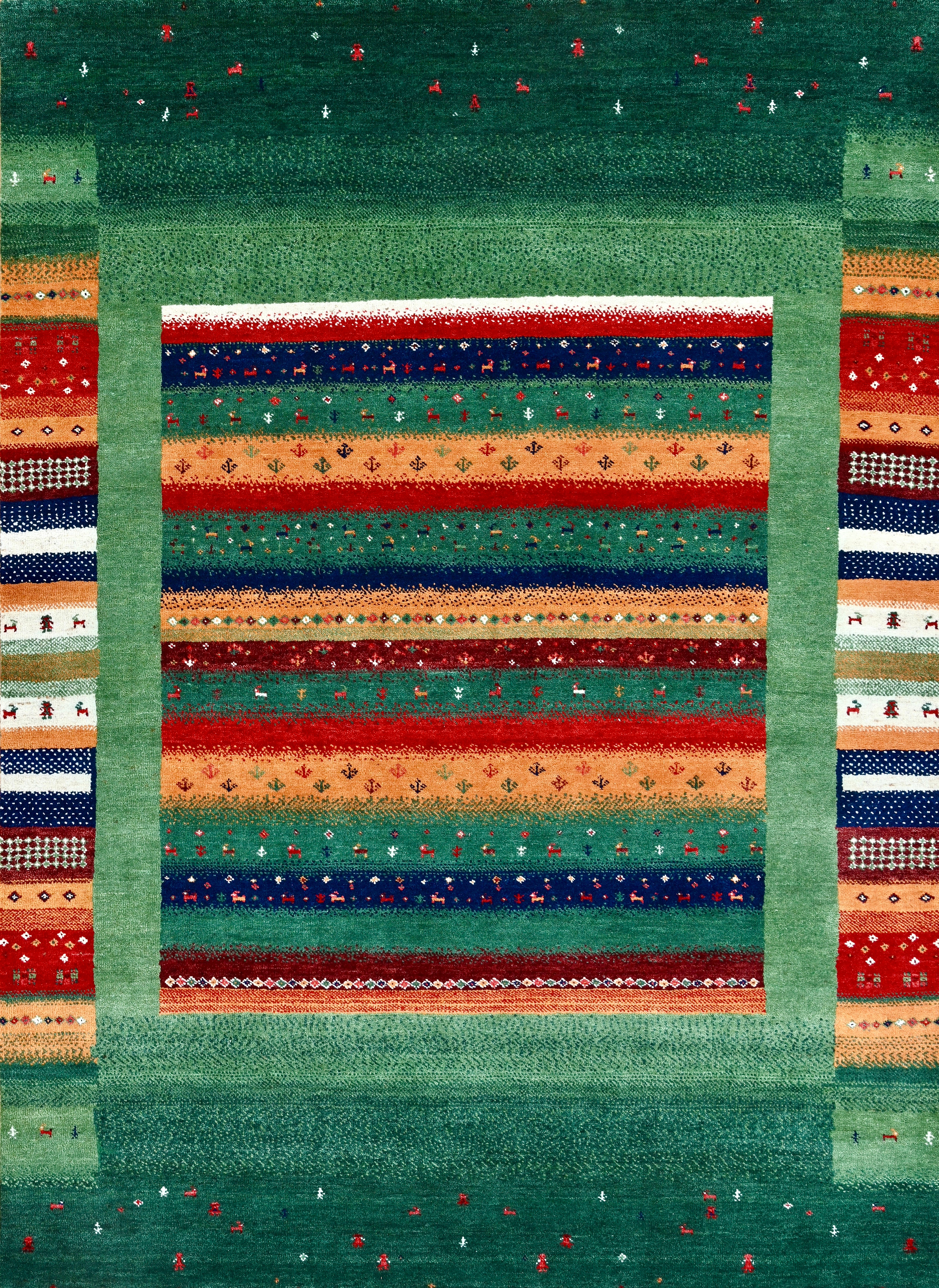 Handmade Gabbeh Tribal Wool Rug in Green, Red, Blue and Multicolor For Sale