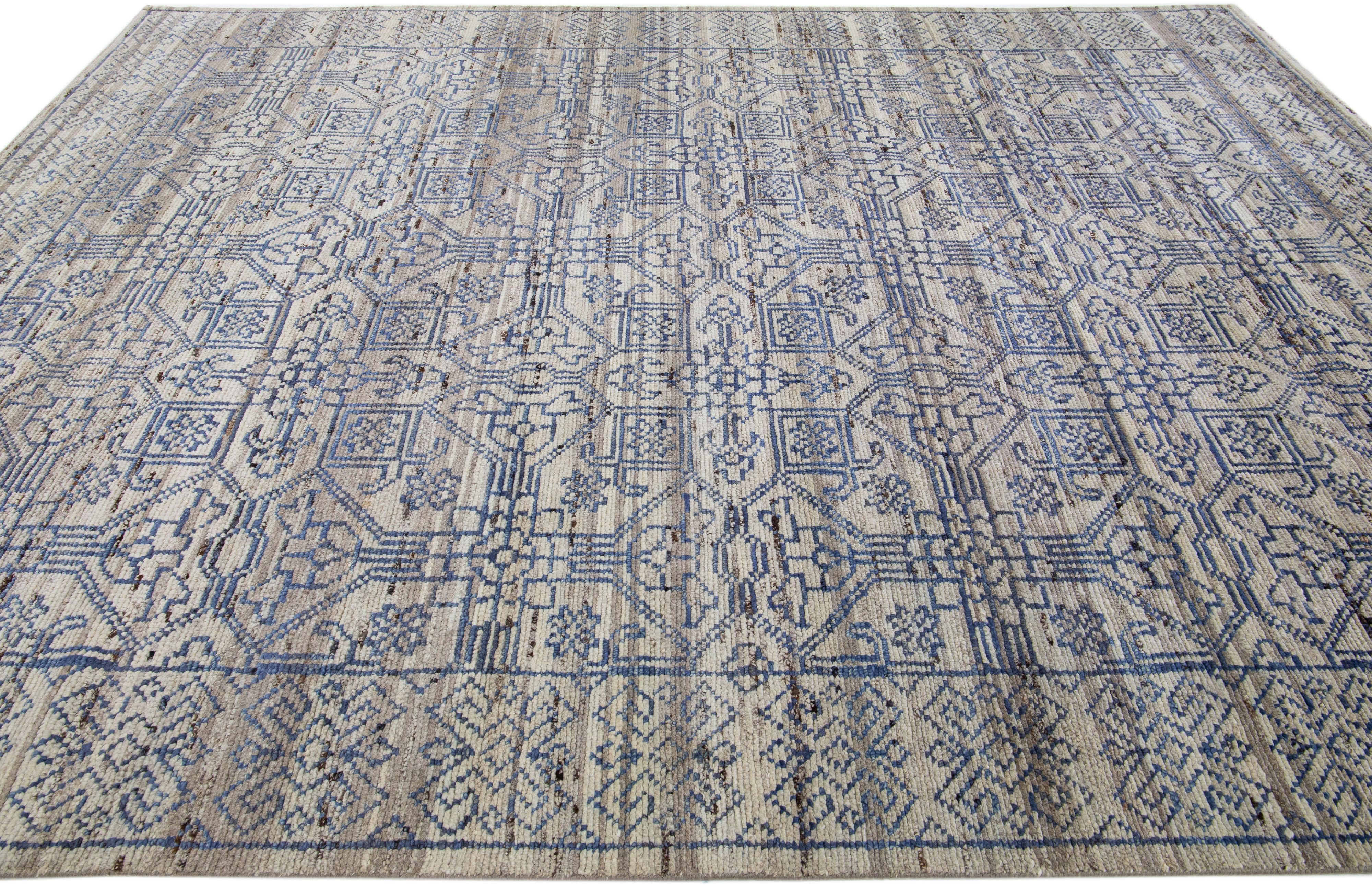 Contemporary Handmade Geometric Modern Indian Wool Rug In Gray and Blue By Apadana For Sale