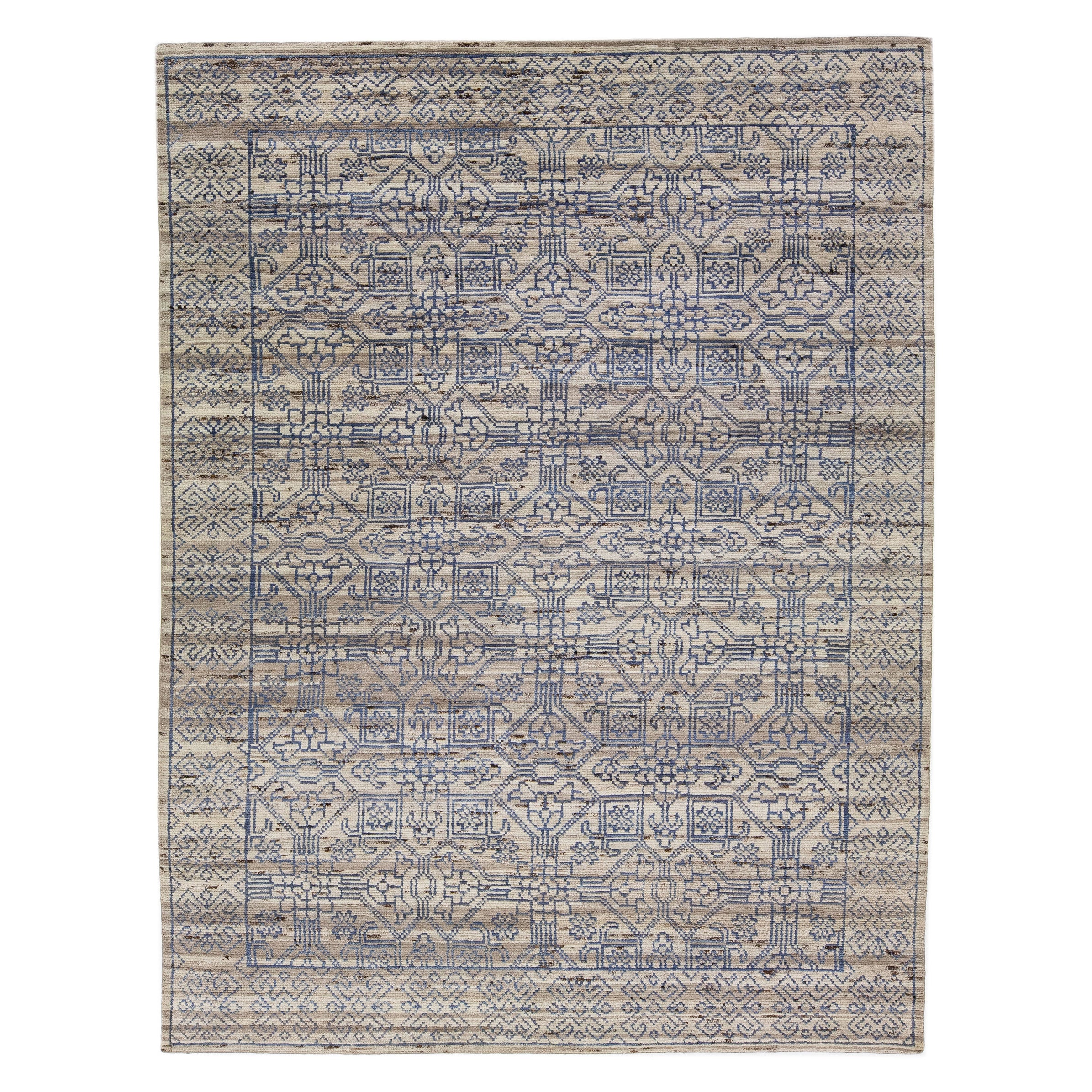 Tapis géométrique moderne indien en laine grise et bleue fait à la main par Apadana