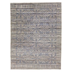 Handgefertigter geometrischer moderner indischer Wollteppich in Grau und Blau von Apadana