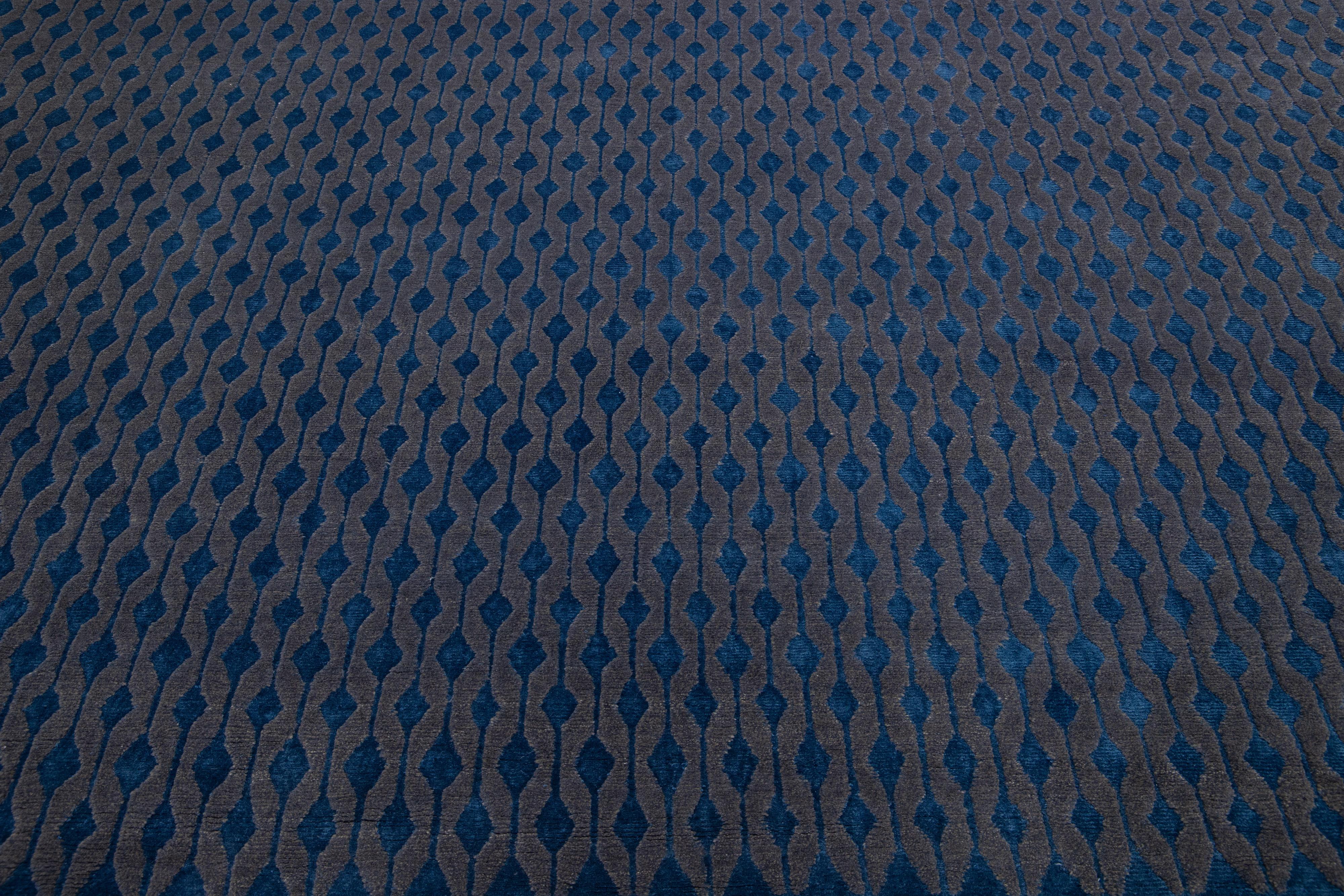 Contemporary Handmade Geometric Modern Tibetan Wool & Silk Rug with Blue Color Field For Sale