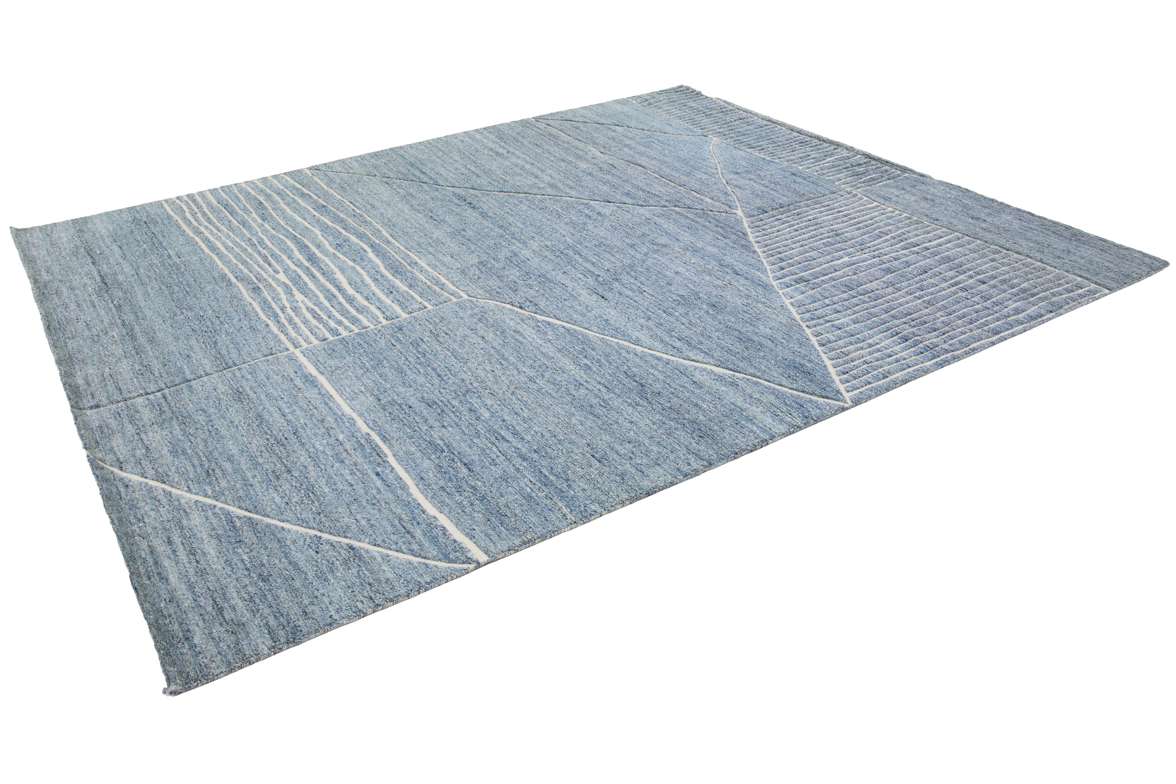 Contemporary Handmade Geometric Moroccan Style Wool Rug In Blue By Apadana For Sale
