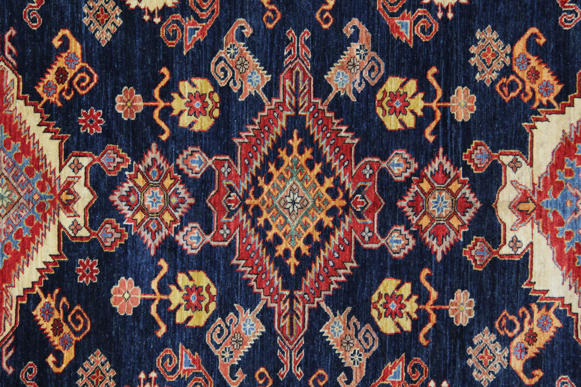 Kazak Handmade Geometric Rug, Navy Blue Carpet Traditional Livingroom Rug For Sale