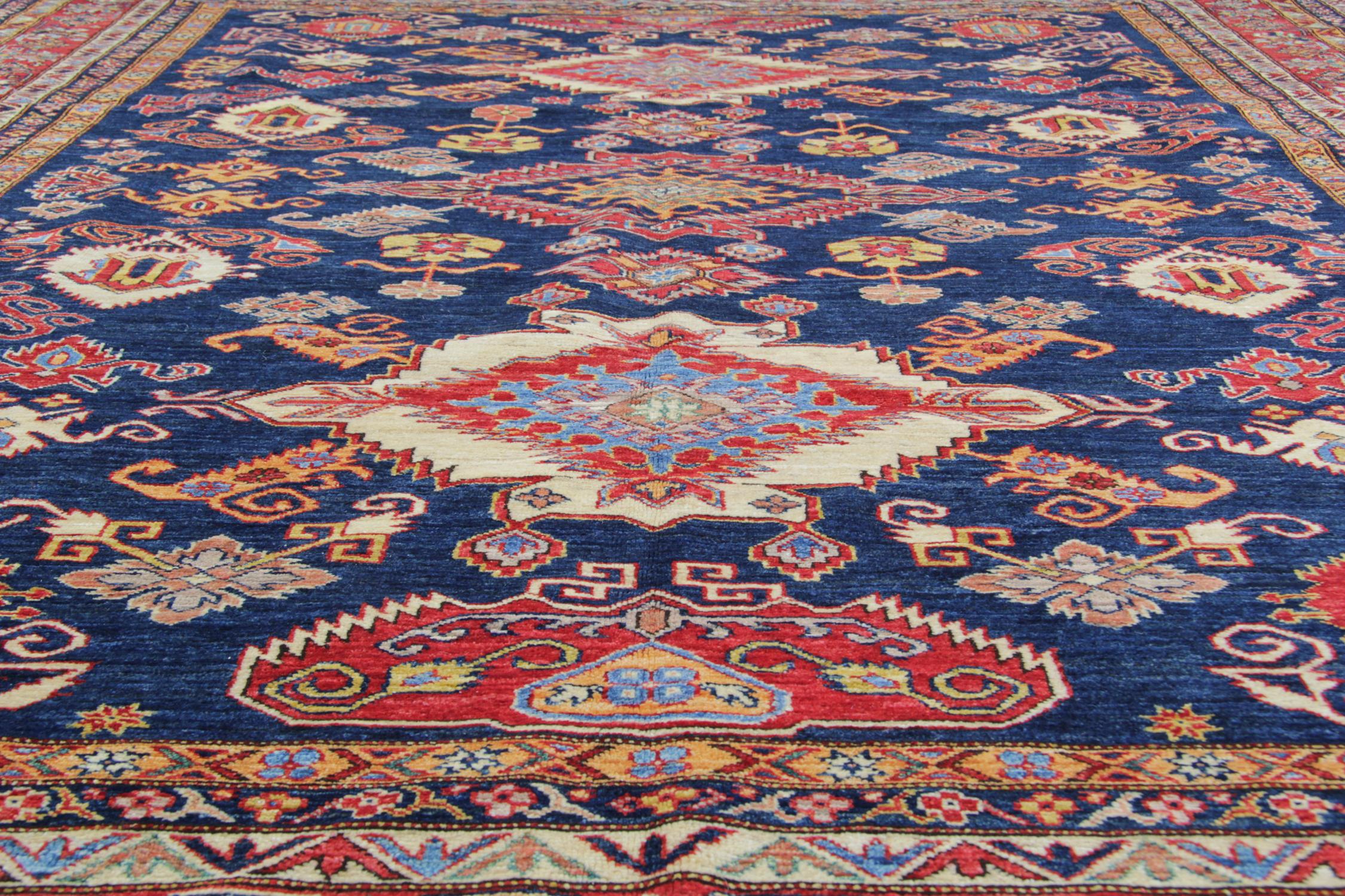 Afghan Handmade Geometric Rug, Navy Blue Carpet Traditional Livingroom Rug For Sale