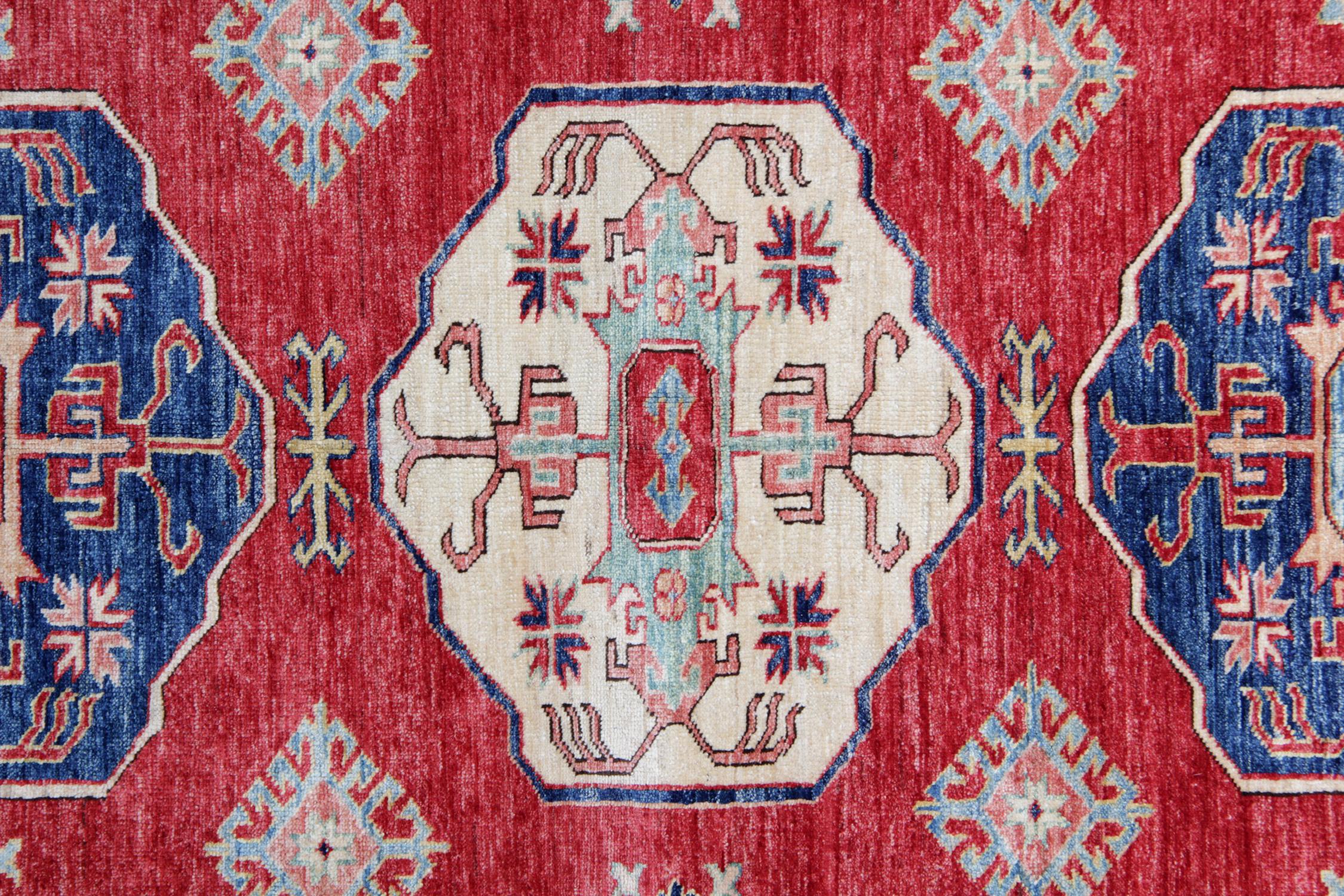 Kazak Handmade Geometric Rug, Red Medallion Carpet Traditional Livingroom Rug 145x203c For Sale