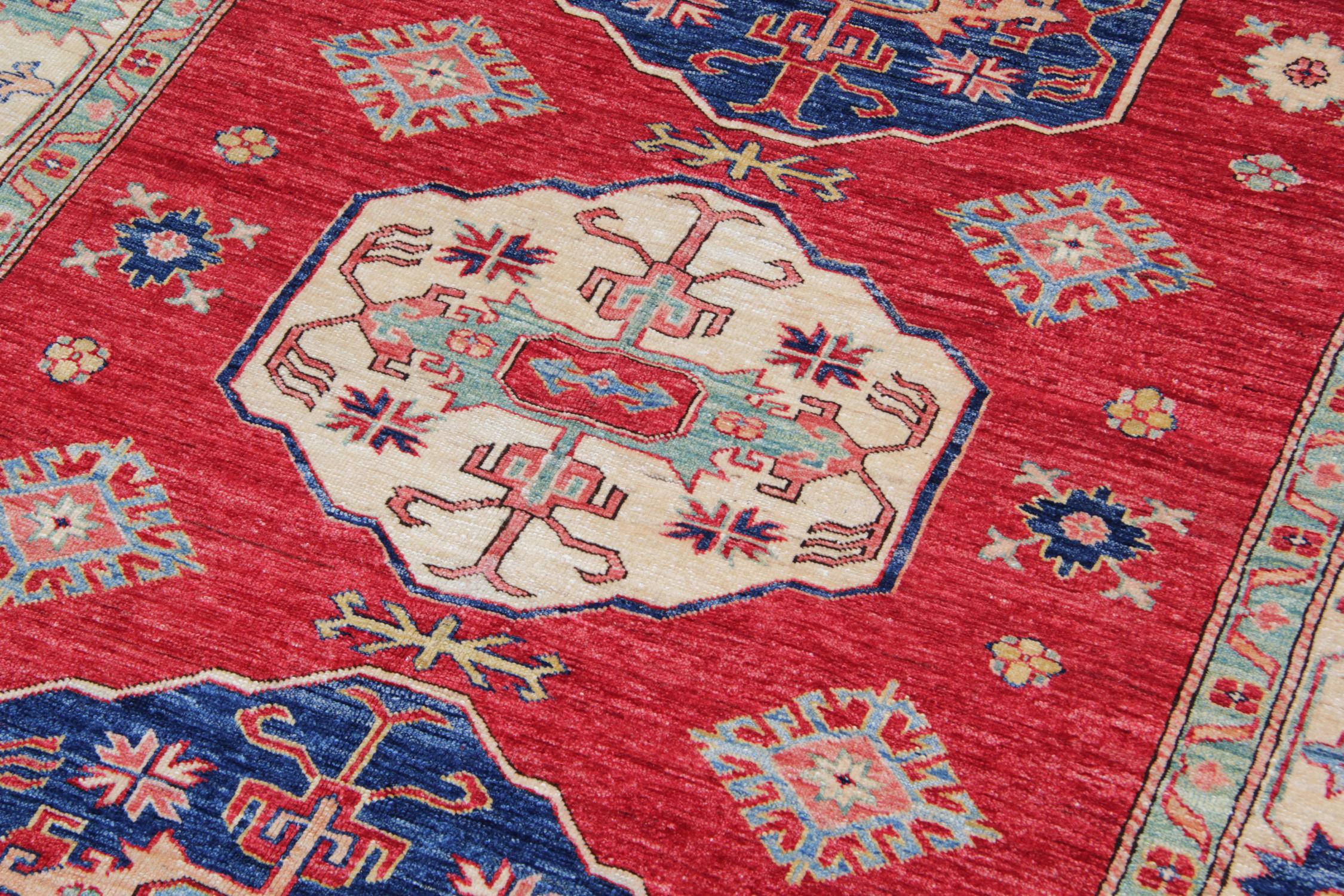 Afghan Handmade Geometric Rug, Red Medallion Carpet Traditional Livingroom Rug 145x203c For Sale