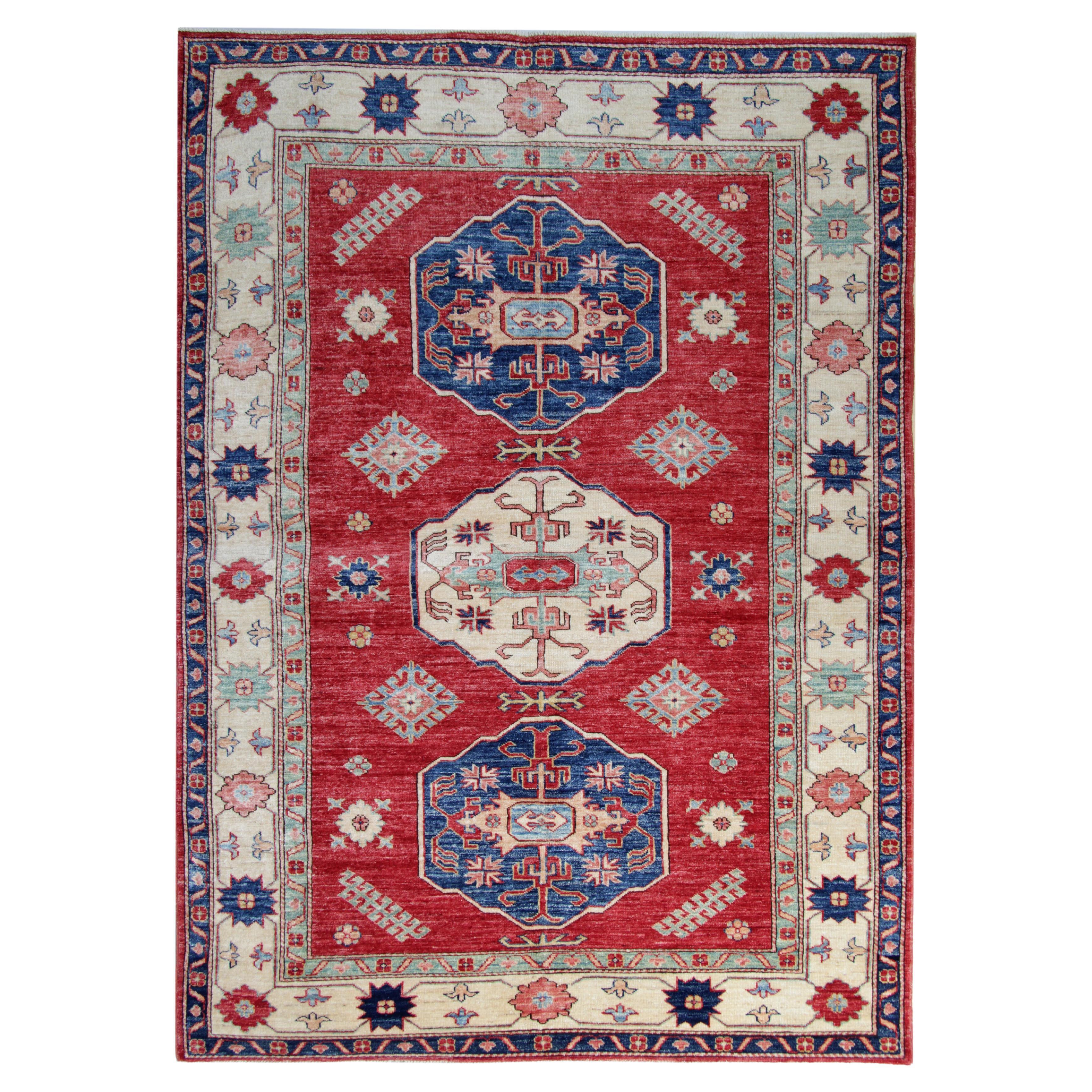 Handmade Geometric Rug, Red Medallion Carpet Traditional Livingroom Rug 145x203c For Sale