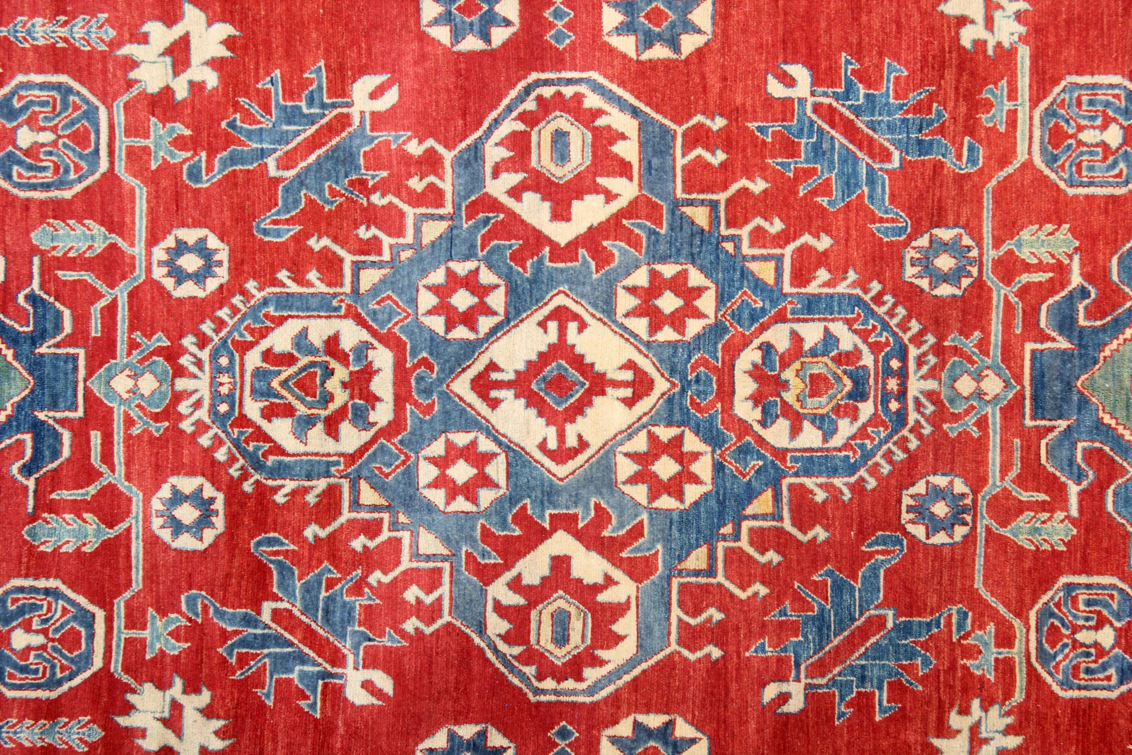 Kazak Handmade Geometric Rug, Red Medallion Carpet Traditional Livingroom Rug 232x346c For Sale