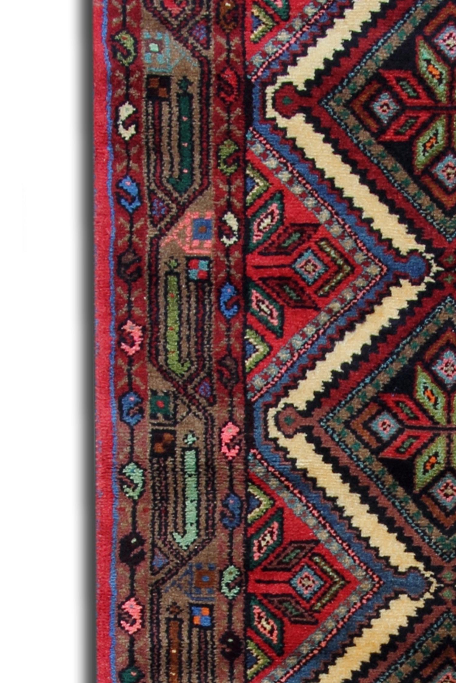 Azerbaijani Handmade Geometric Runner Rug Long Traditional Red Blue Carpet 78x278cm For Sale