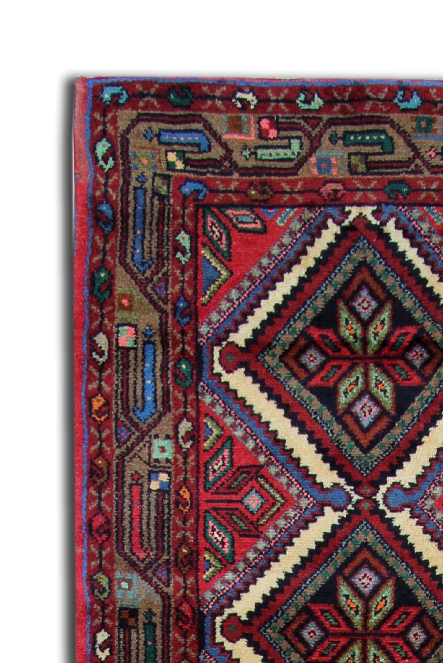 Hand-Knotted Handmade Geometric Runner Rug Long Traditional Red Blue Carpet 78x278cm For Sale