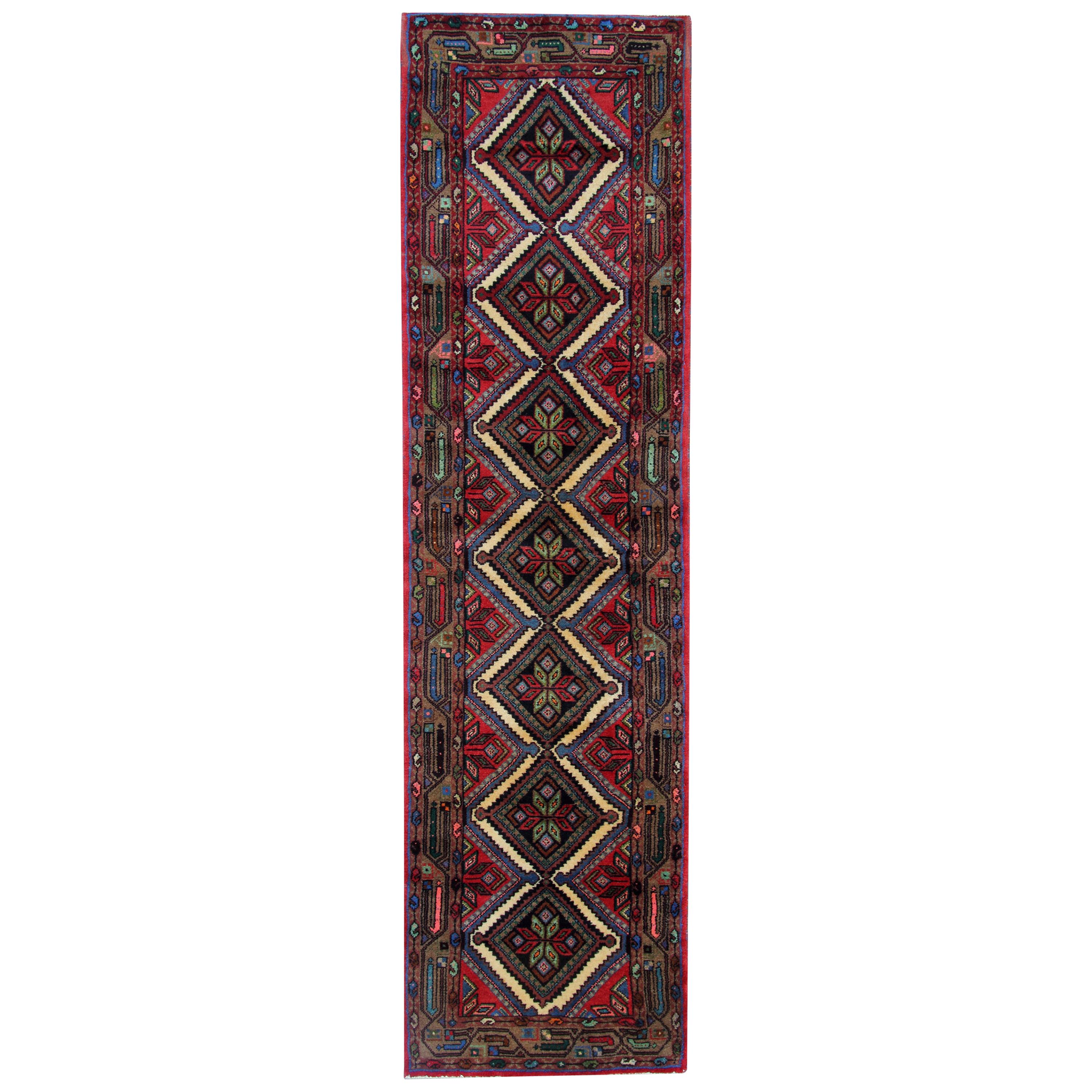 Handmade Geometric Runner Rug Long Traditional Red Blue Carpet 78x278cm For Sale