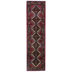 Handgefertigter geometrischer langer traditioneller rot-blauer Teppich, 78x278cm
