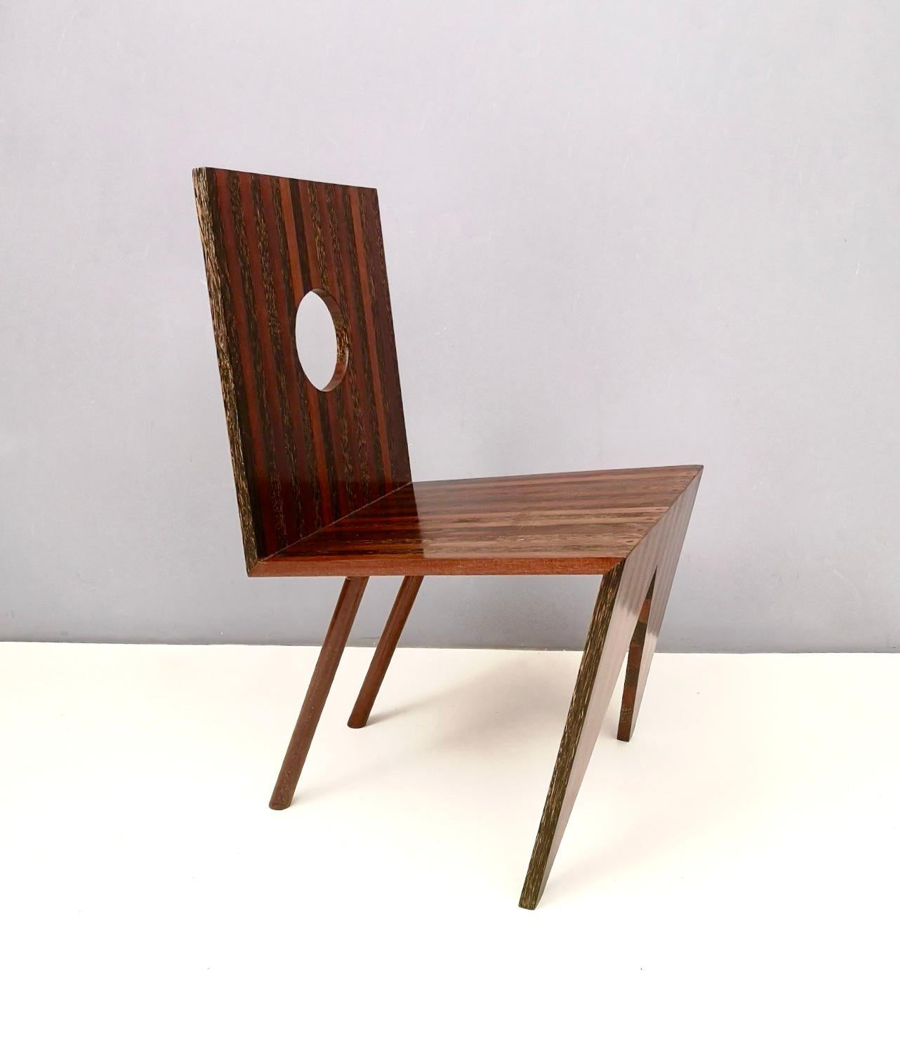 Italian Postmodern Handmade Geometrical Solid Beech and Walnut Side Chair, Italy 1980s For Sale