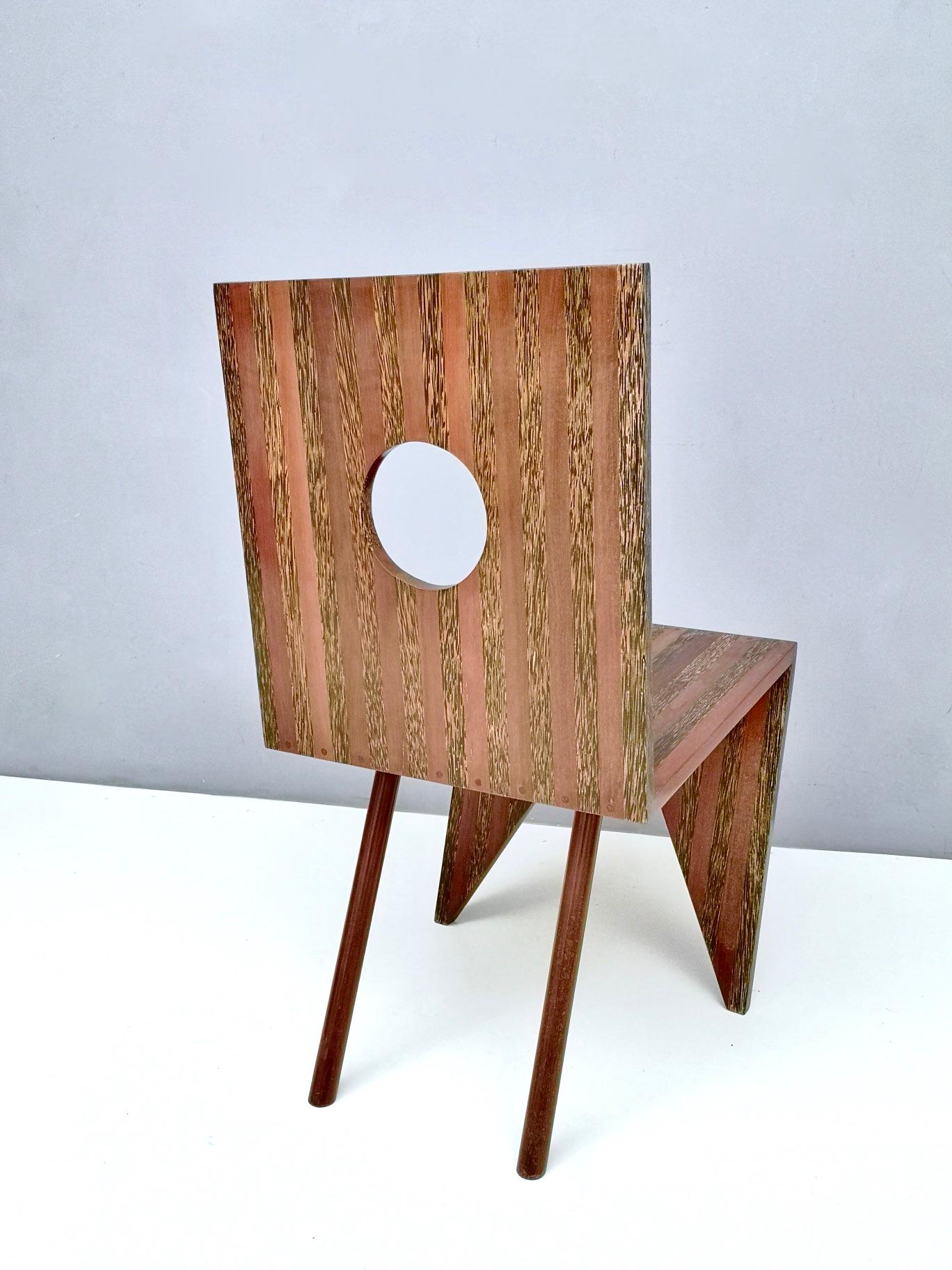 Late 20th Century Postmodern Handmade Geometrical Solid Beech and Walnut Side Chair, Italy 1980s For Sale